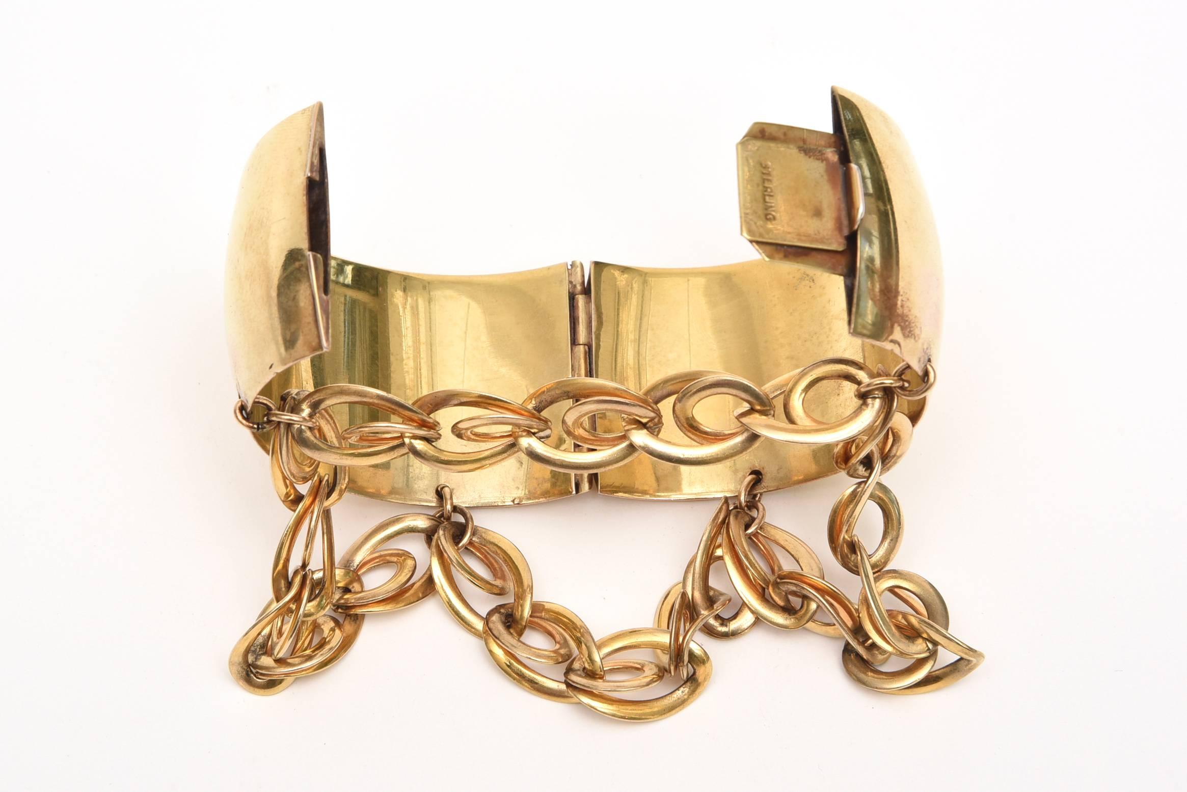 Modern Gold Wash over Sterling Silver Cuff Bracelet with Dangling Link Chain /SALE