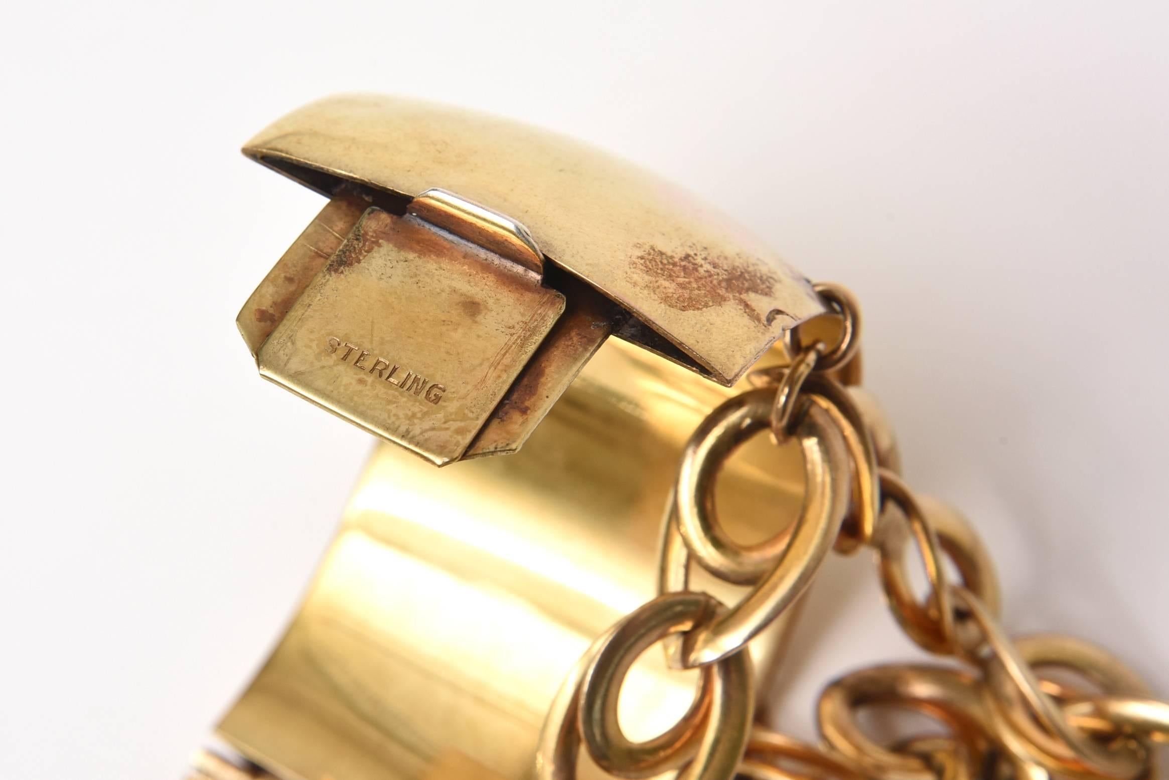 Gold Wash over Sterling Silver Cuff Bracelet with Dangling Link Chain /SALE In Good Condition In North Miami, FL