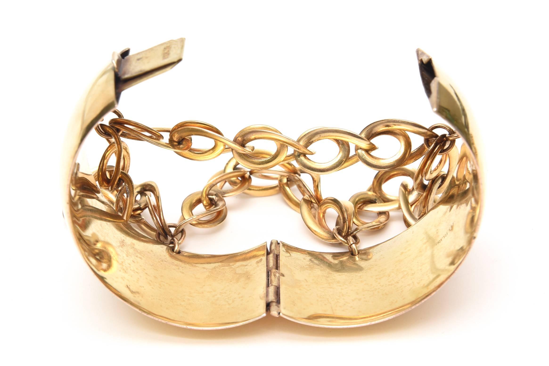 Gold Wash over Sterling Silver Cuff Bracelet with Dangling Link Chain /SALE 3