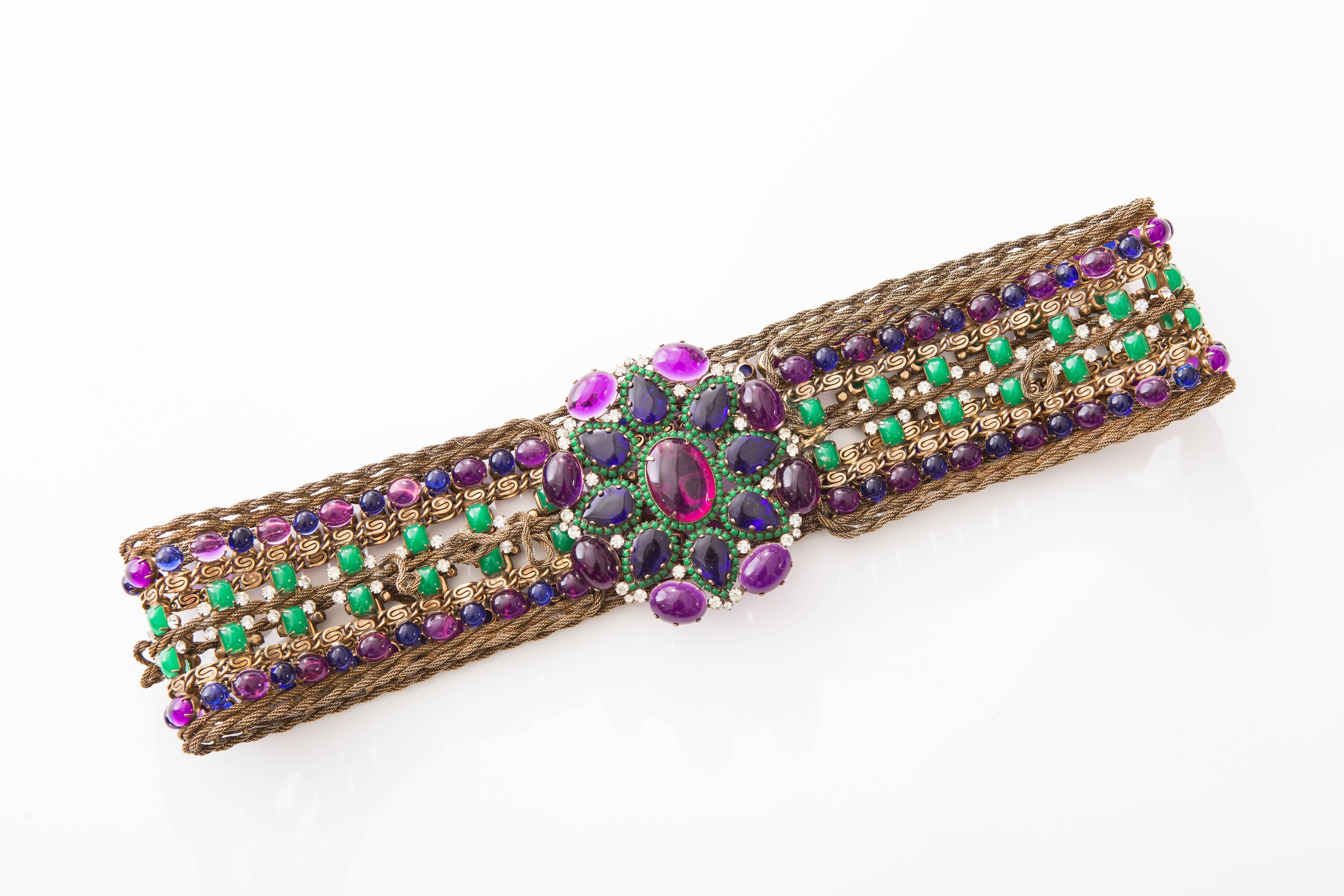 Kenneth Jay Lane, circa 1960's vintage jeweled belt made of antiqued brass chain with glass cabachons, swarovski crystals and stamped K.J.L.

3.0
