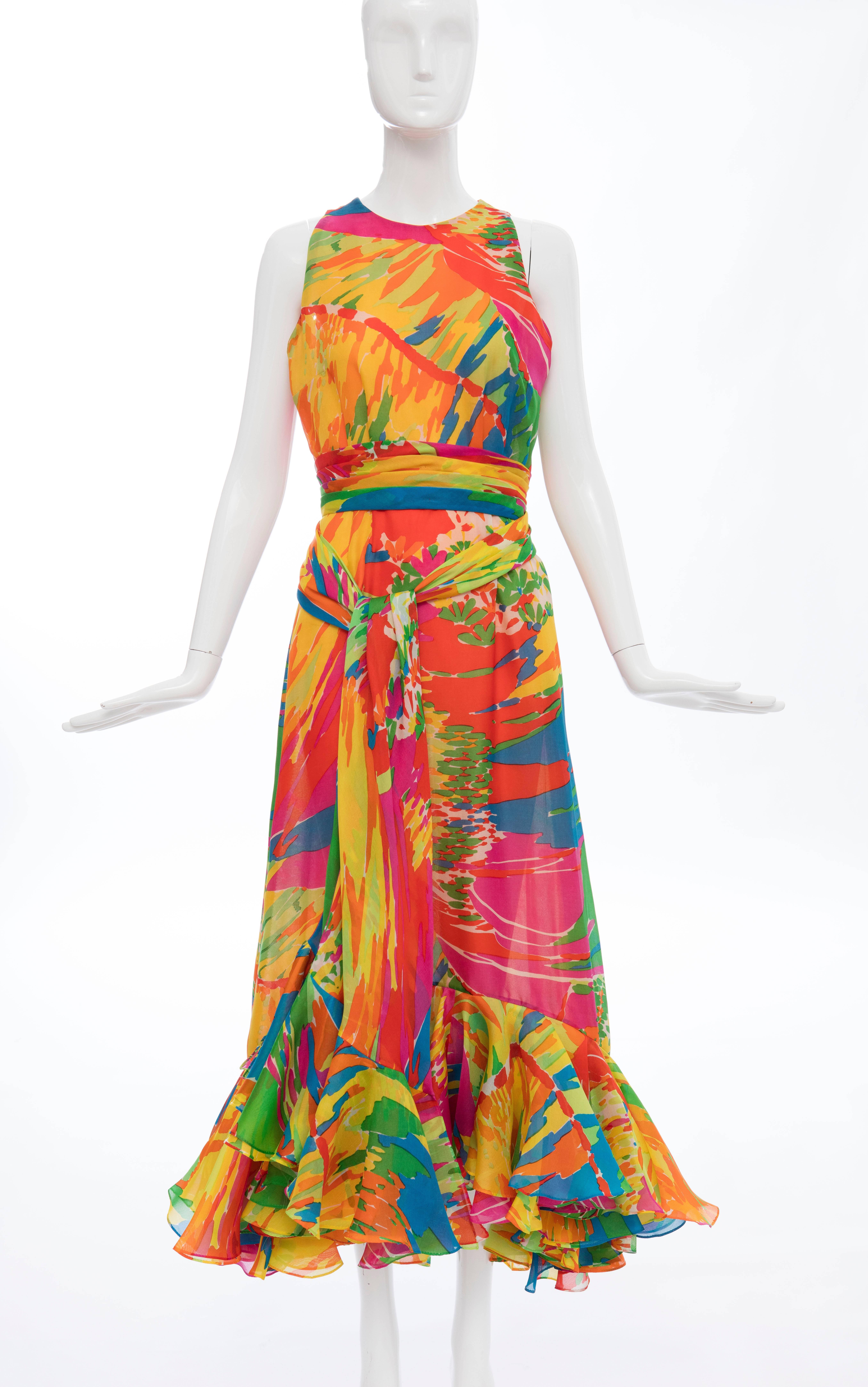 Bill Blass, circa 1970's cotton voile sleeveless abstract tulip print evening dress, back zip, two layered flounce hem and fully lined

US. 10

Bust 36, Waist 25,Hips 42, Length 56