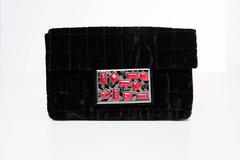 Chanel Black Quilted Velvet Evening Clutch With Gripoix Magnetic Snap Closure
