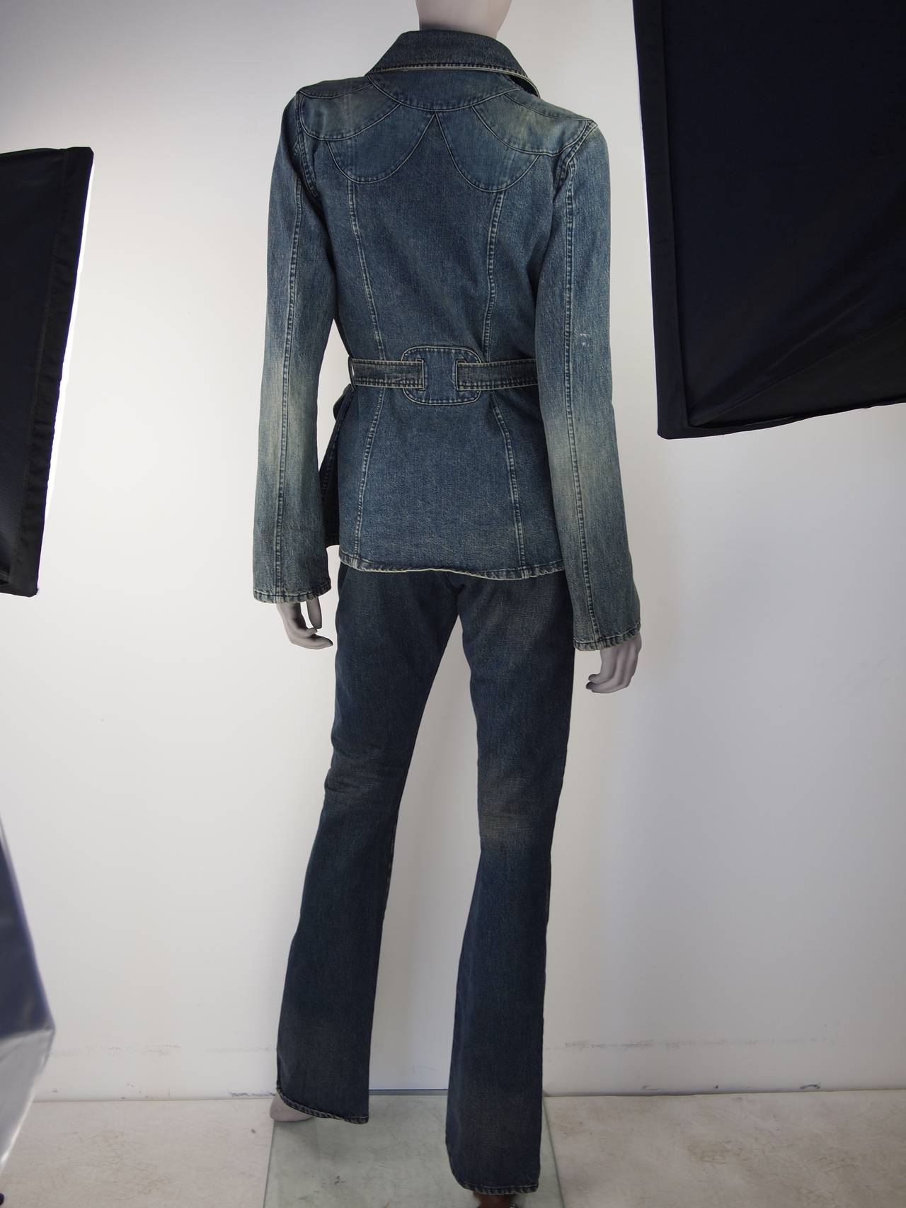 Henry Duarte denim pant suit, button front jacket, two front pockets, front lace pant with two pockets.

Jacket: bust 38