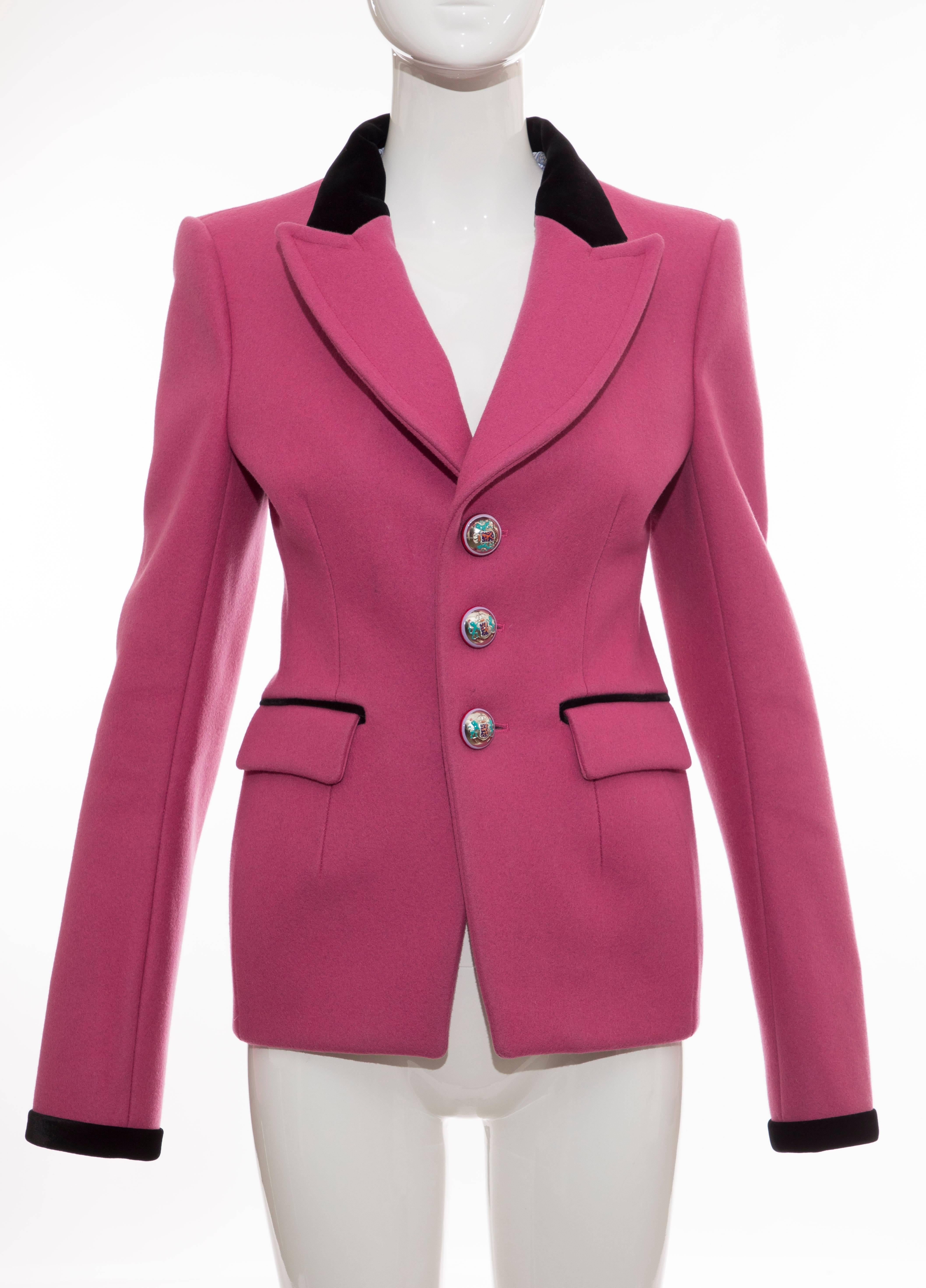 Balenciaga by Nicolas Ghesquière, Autumn-Winter 2007, runway pink structured wool blazer with notched lapel featuring black velvet trim, dual flap pockets at waist, black velvet trim at cuffs and enameled button closures.

FR. 40
US. 8

Bust: 34,