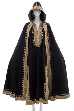 Moroccan Black Kaftan With Gold Embroidery Separate Hooded Cape, Circa 1970's