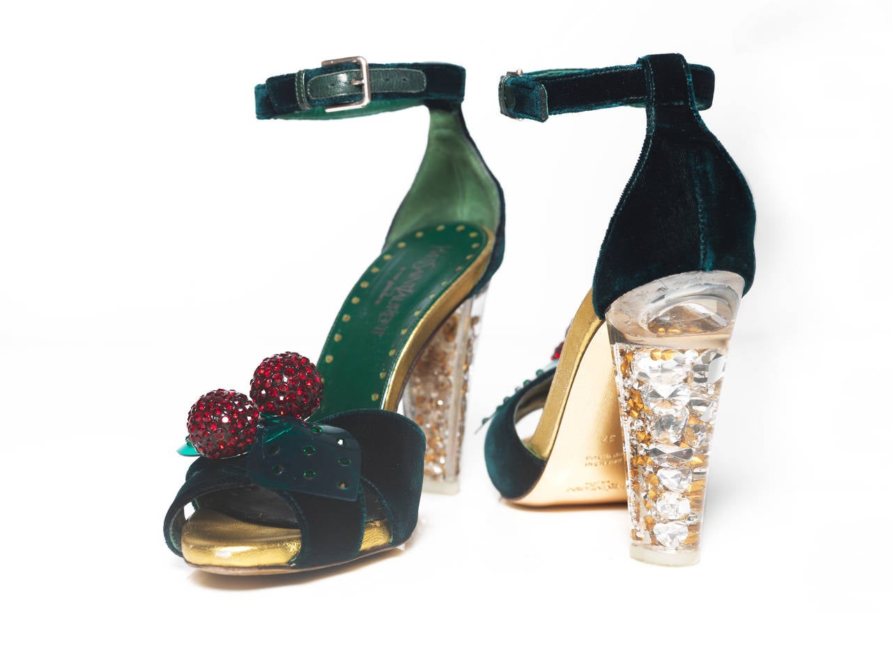 Yves Saint Laurent hunter green velvet cherry sandals with crystal embellished clear resin chunky heels, removable crystal embellished cherry applique at toes and ankle strap and silver-tone buckle closure.

Heels: 4.25