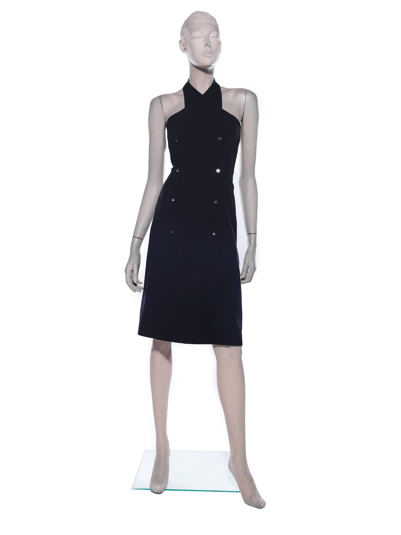 Chanel Pre-Fall 1997, black halter dress, button front, back zip and fully lined in silk.