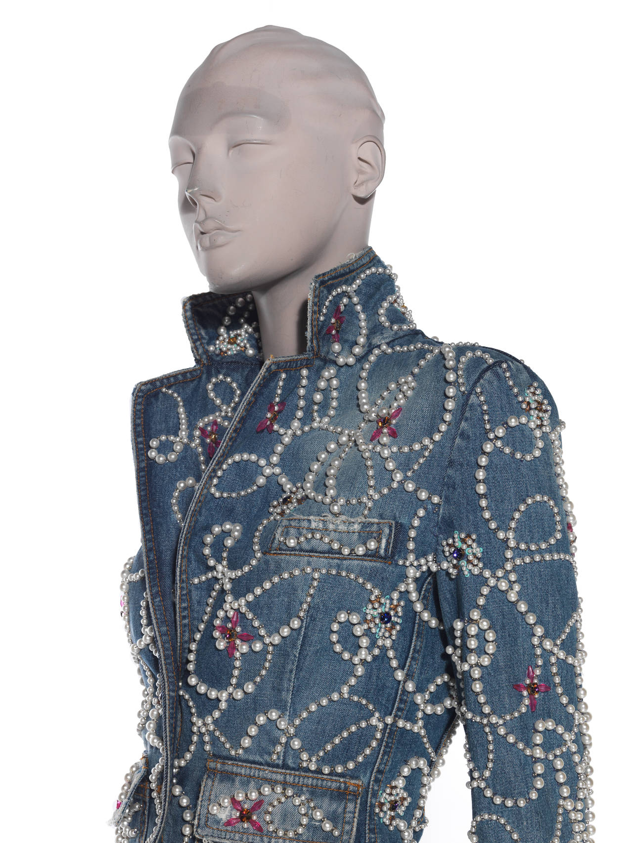 Dolce & Gabbana Pearl Encrusted Denim Jacket In Excellent Condition In Cincinnati, OH