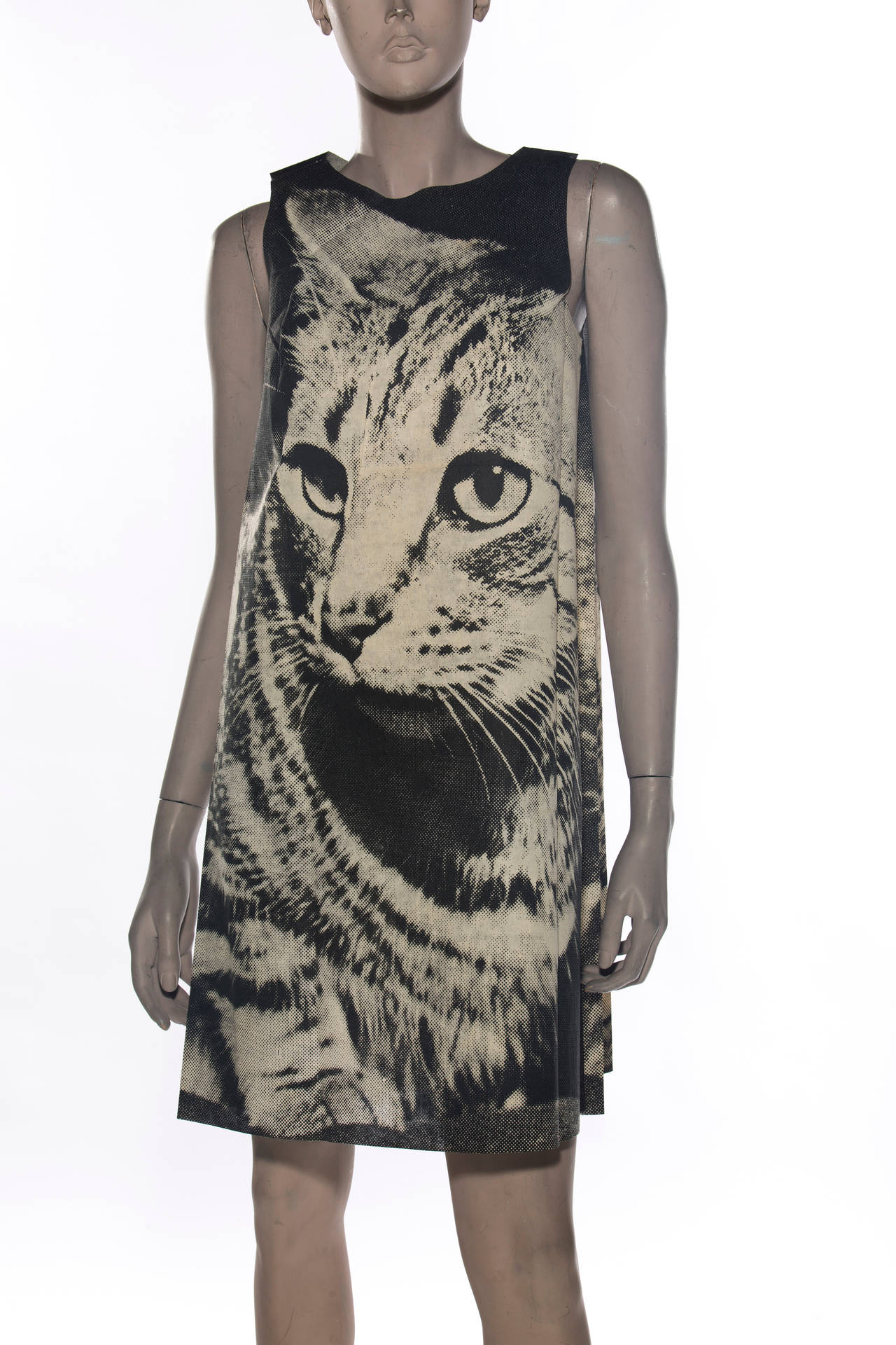 London series paper dress designed by Harry Gordon of a screen printed cat image.