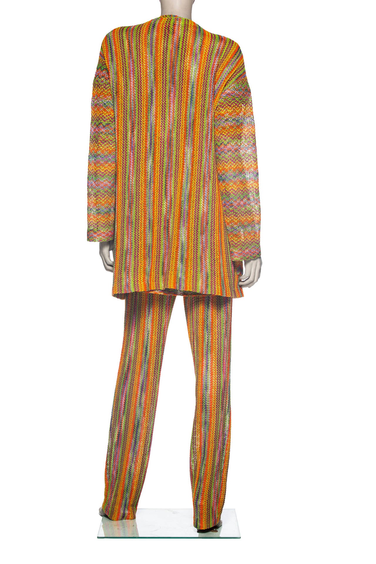 Brown Missoni Rainbow Striped Knit Pant Suit Ensemble, Circa 1970's For Sale