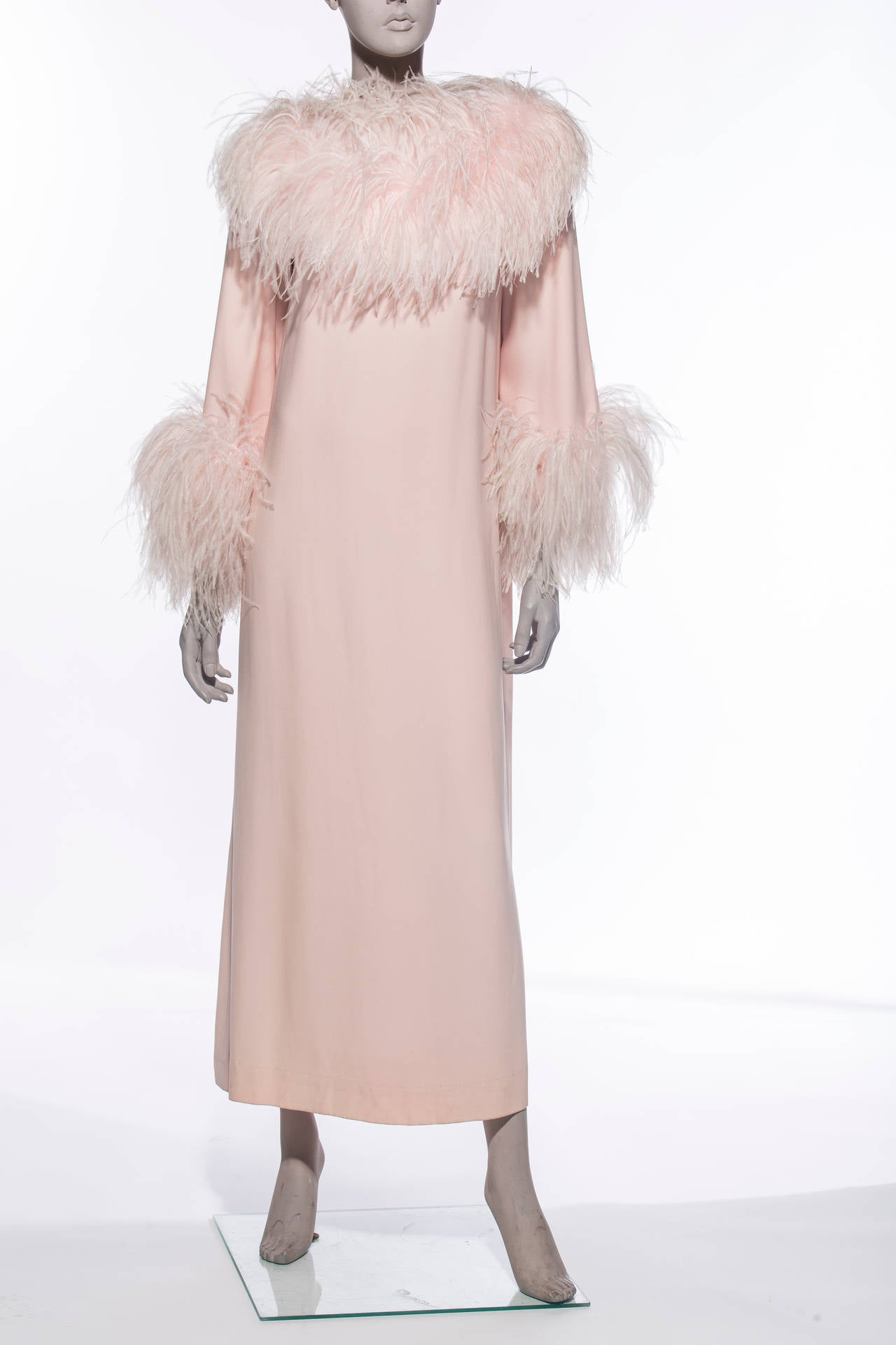 Lucie Ann soft pink peignoir trimmed with marabou, two front pockets, back zip and fully lined.