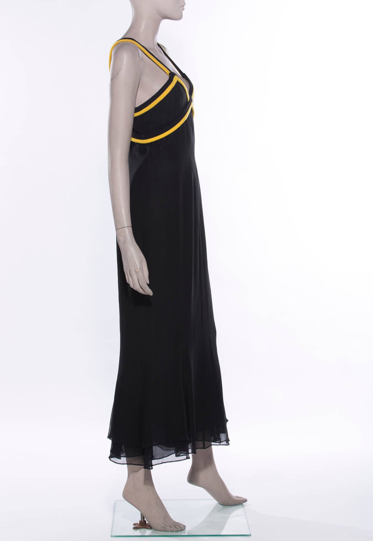 Chanel Runway Black Silk Chiffon Evening Dress Yellow Cashmere Trim, Fall 1994 In Excellent Condition For Sale In Cincinnati, OH