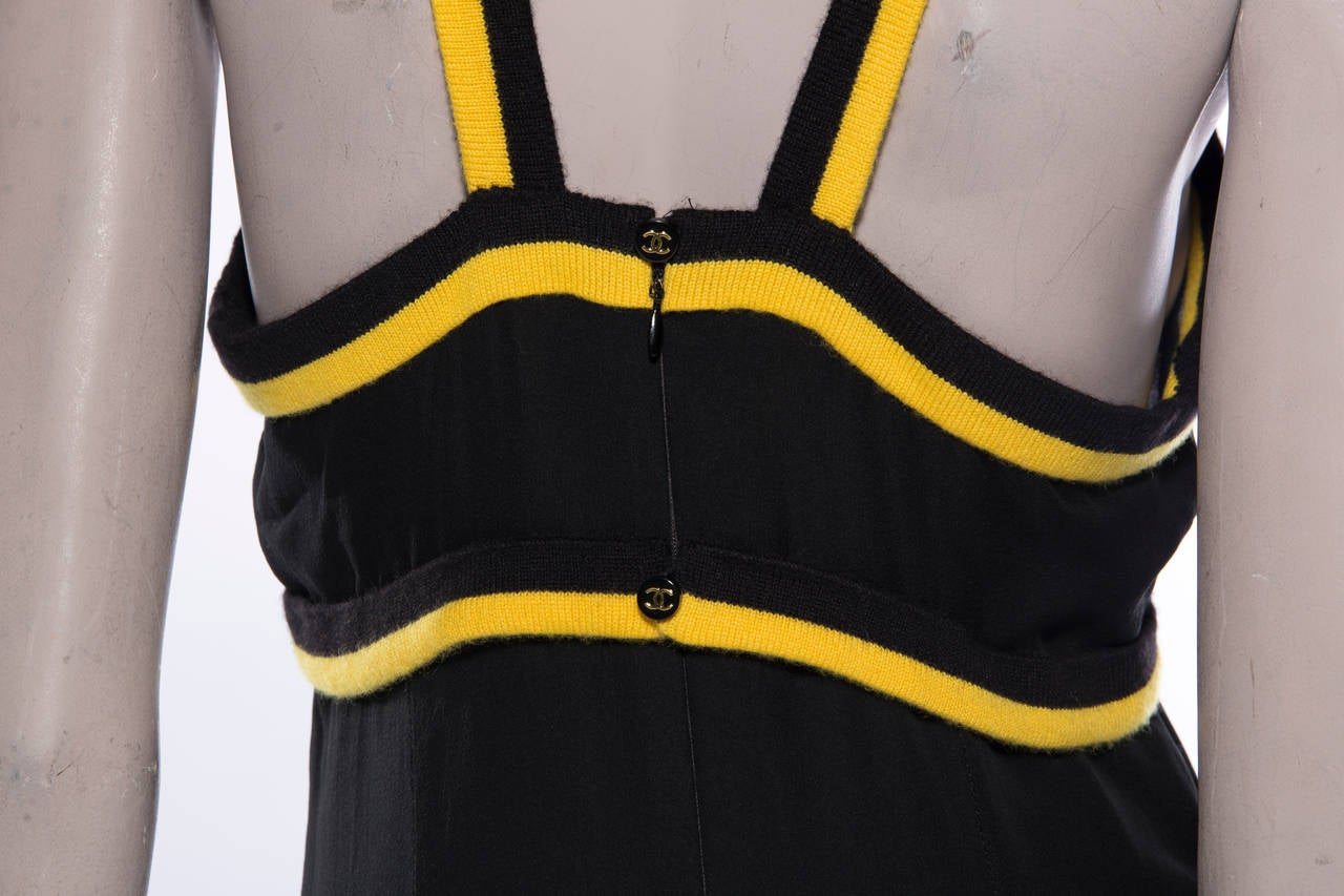 Chanel Runway Black Silk Chiffon Evening Dress Yellow Cashmere Trim, Fall 1994 For Sale 2