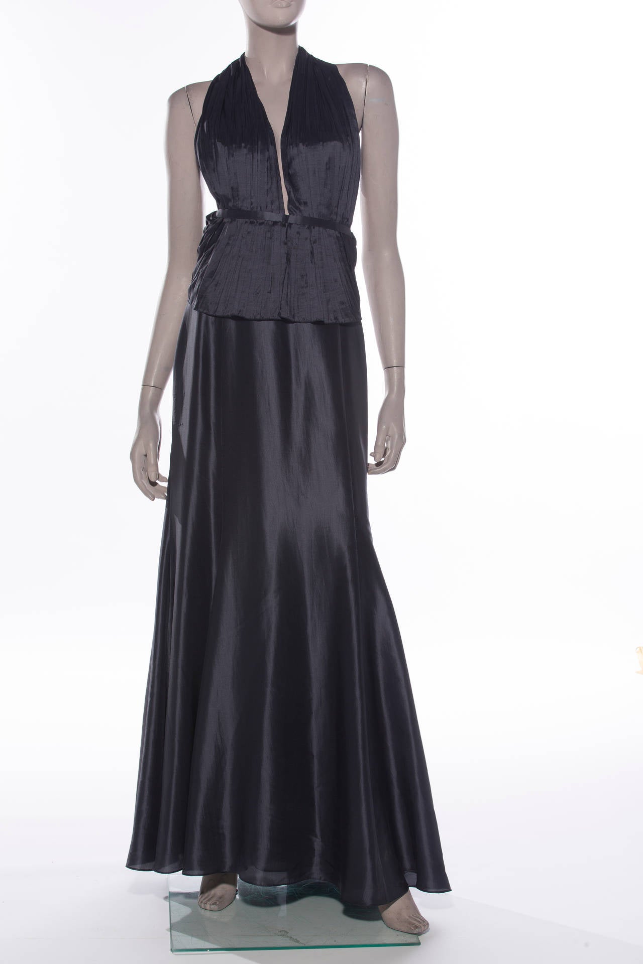 Giorgio Armani graphite silk gown with pleated front bodice and back zipper.