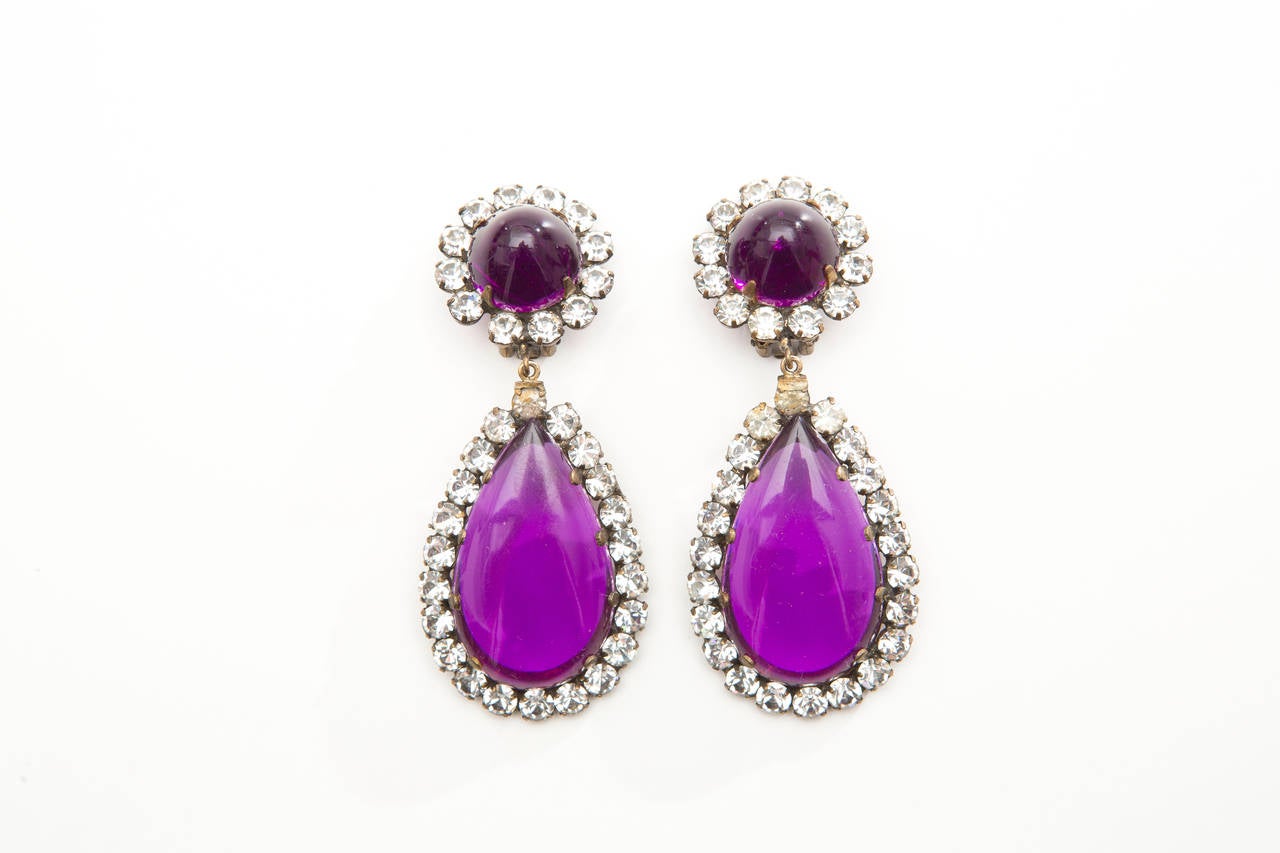 Kenneth Jay Lane drop earrings with amethyst lucite stone surrounded by pavé crystals, signed 