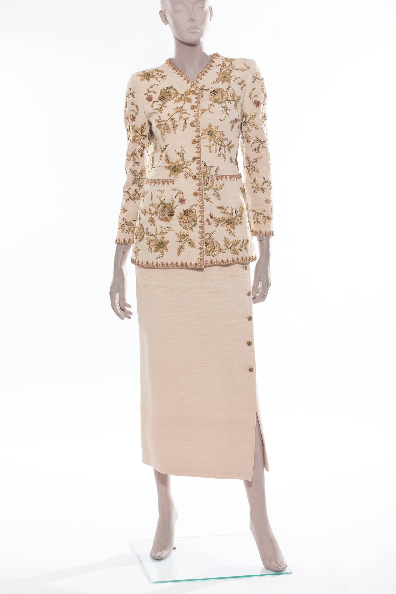 Oscar de la Renta Button Front Lesage Embroidered Skirt Suit, Circa 1990's 3