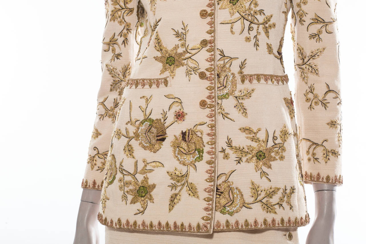 Oscar de la Renta Button Front Lesage Embroidered Skirt Suit, Circa 1990's 1