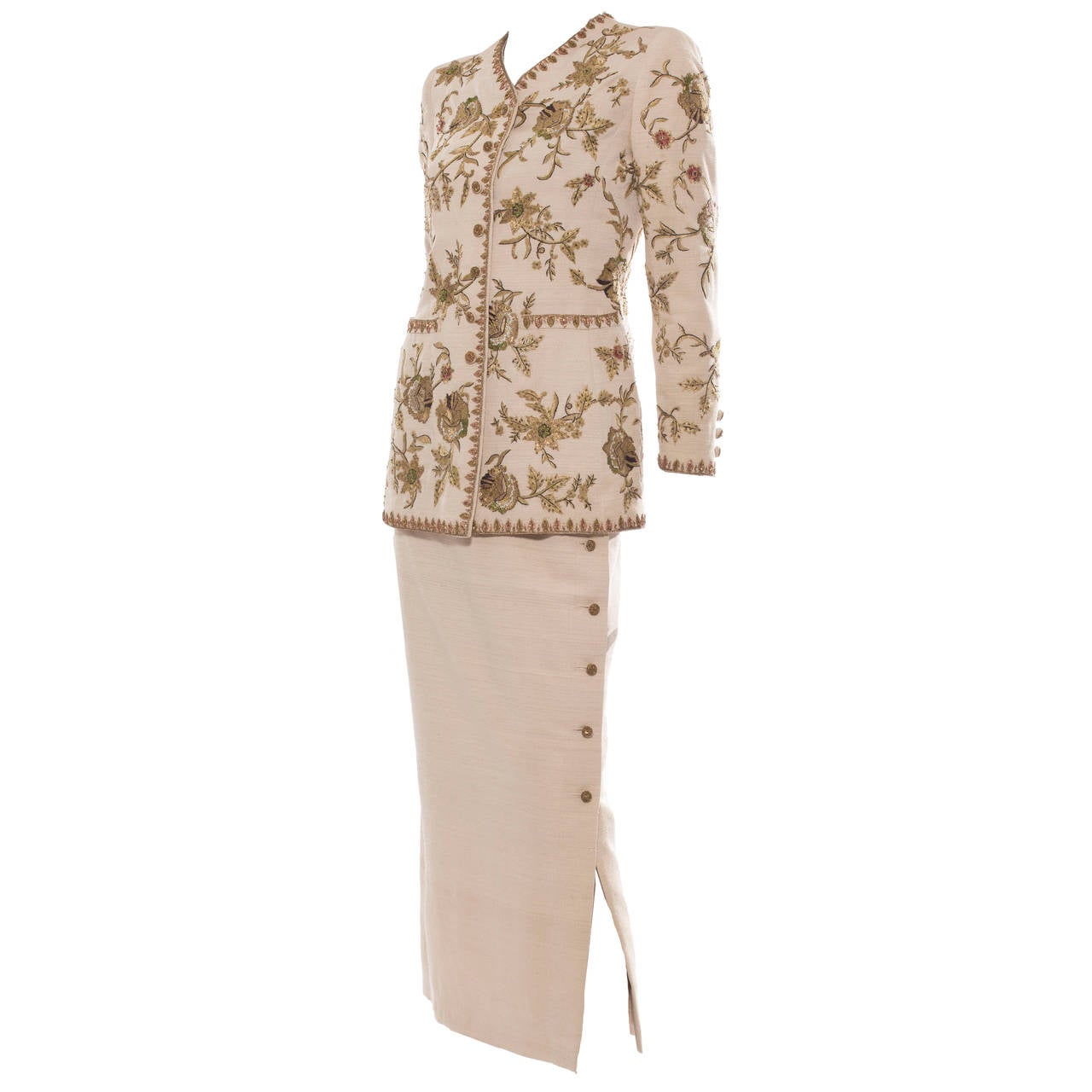 Oscar de la Renta Button Front Lesage Embroidered Skirt Suit, Circa 1990's