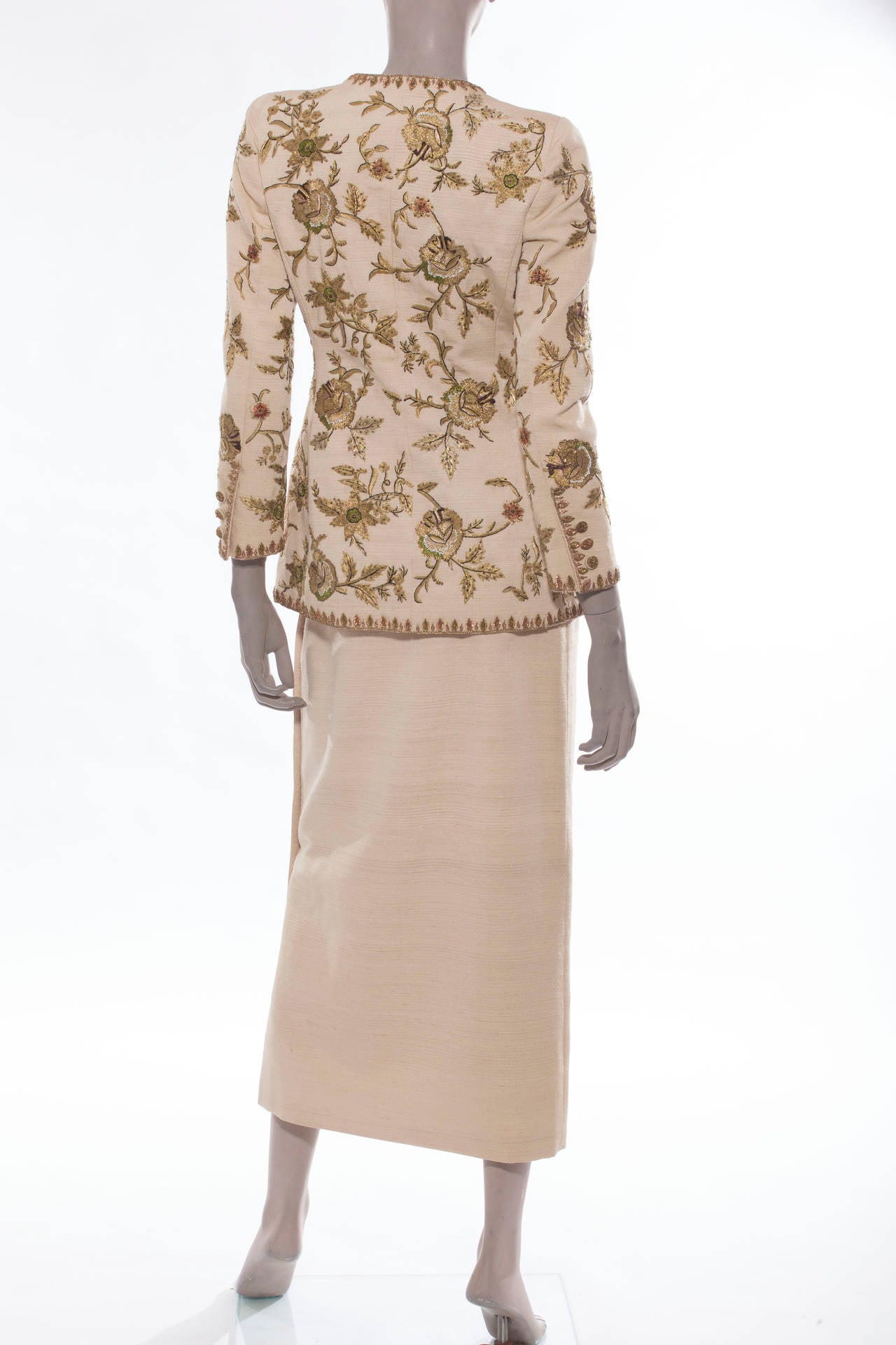 Beige Oscar de la Renta Button Front Lesage Embroidered Skirt Suit, Circa 1990's