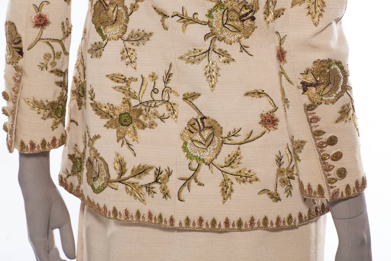 Oscar de la Renta Button Front Lesage Embroidered Skirt Suit, Circa 1990's 2
