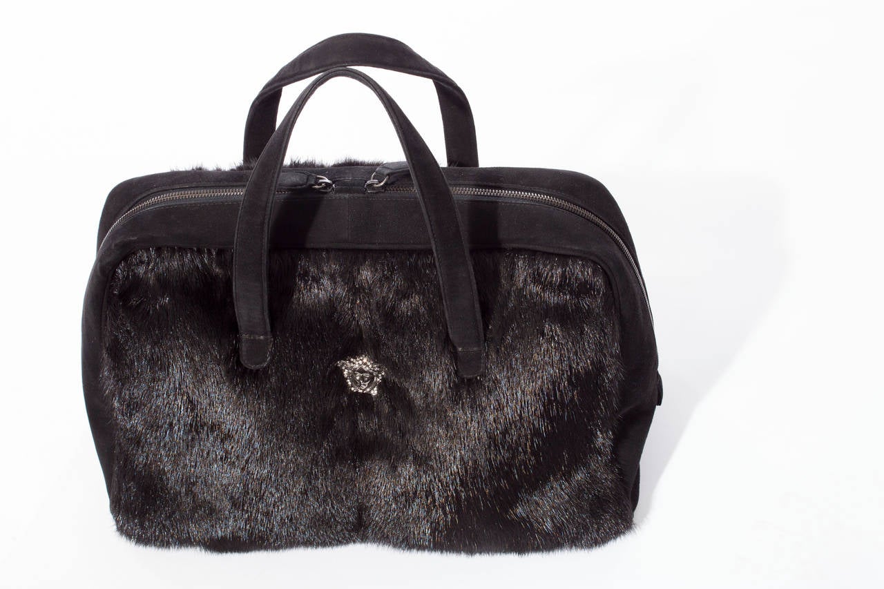 Versace Couture mink handbag,1990s, with black suede trim, double zip closure and one interior pocket.