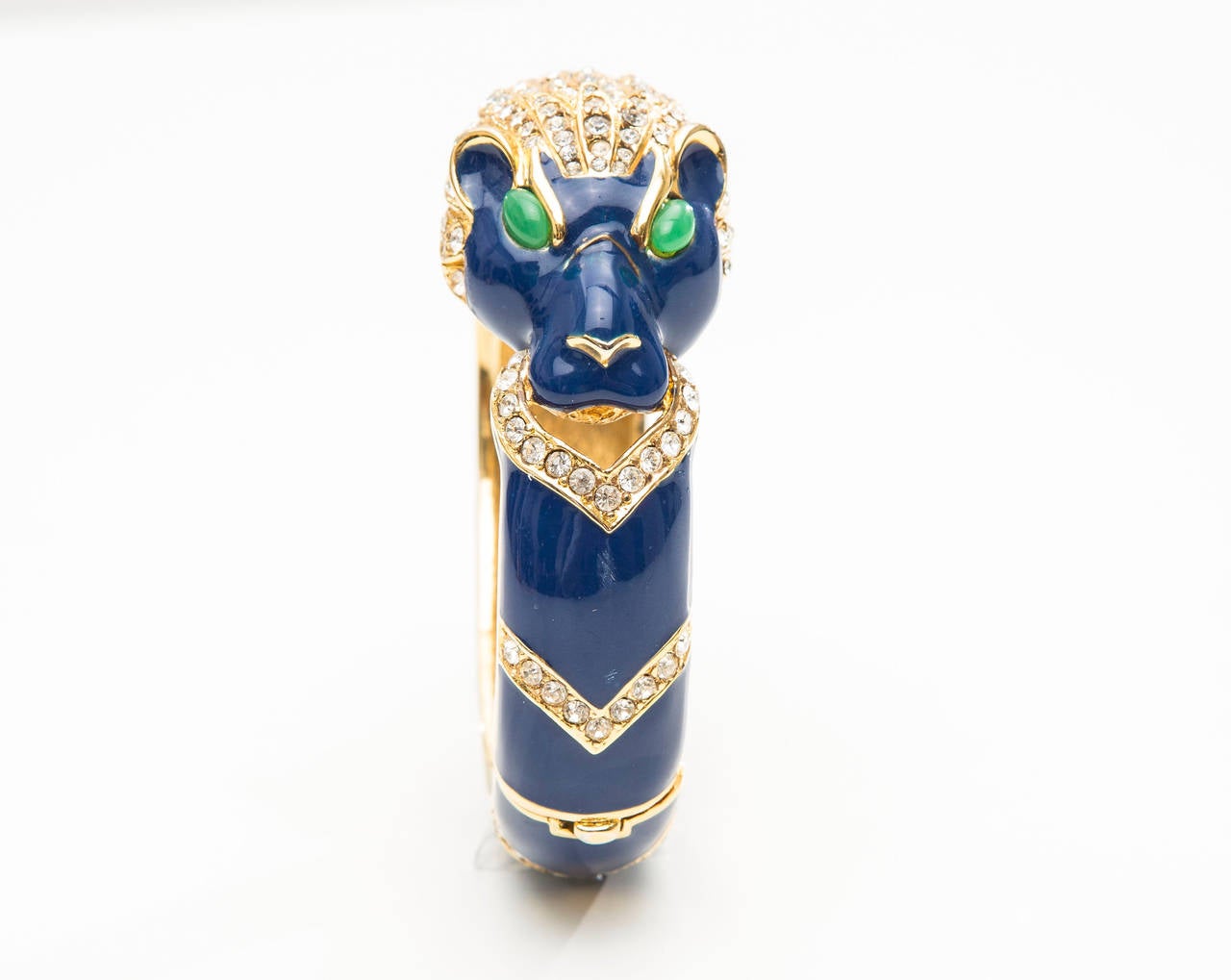 Ciner, circa 1970's gold plated blue, jade, enamel swarovski crystal panther bangle bracelet.