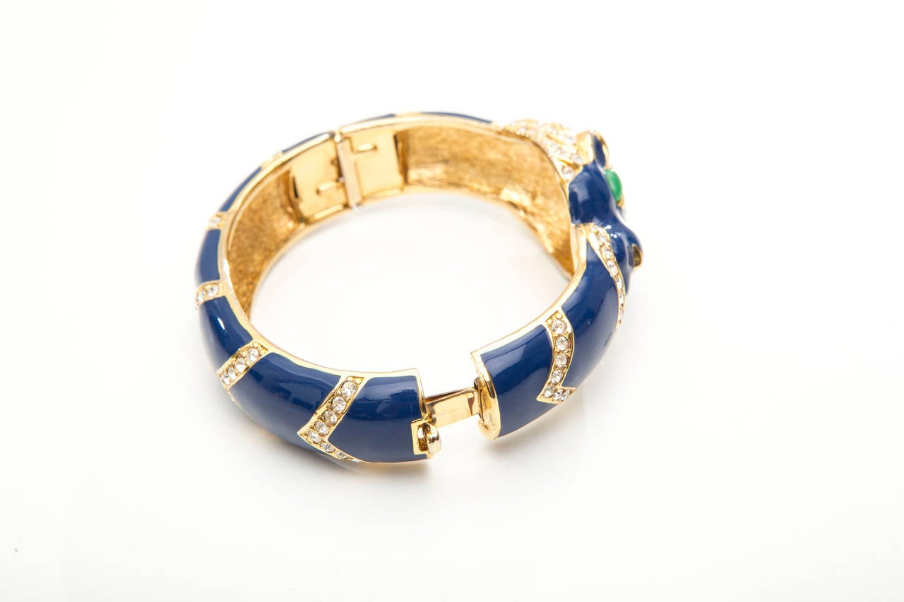 Ciner Gold Plated Blue Jade Enamel Crystal Panther Bangle Bracelet, Circa 1970's In Excellent Condition For Sale In Cincinnati, OH