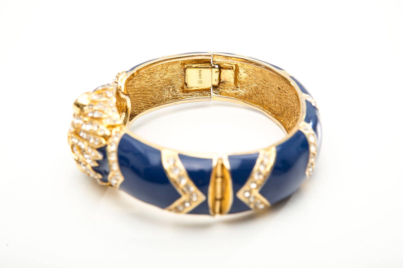 Women's Ciner Gold Plated Blue Jade Enamel Crystal Panther Bangle Bracelet, Circa 1970's For Sale