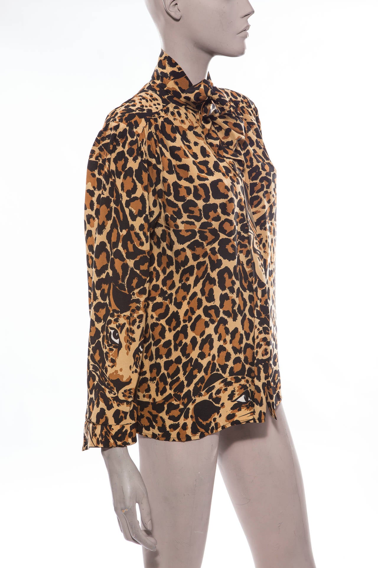 Yves Saint Laurent circa1990's long-sleeved leopard print blouse with hidden front buttons,.