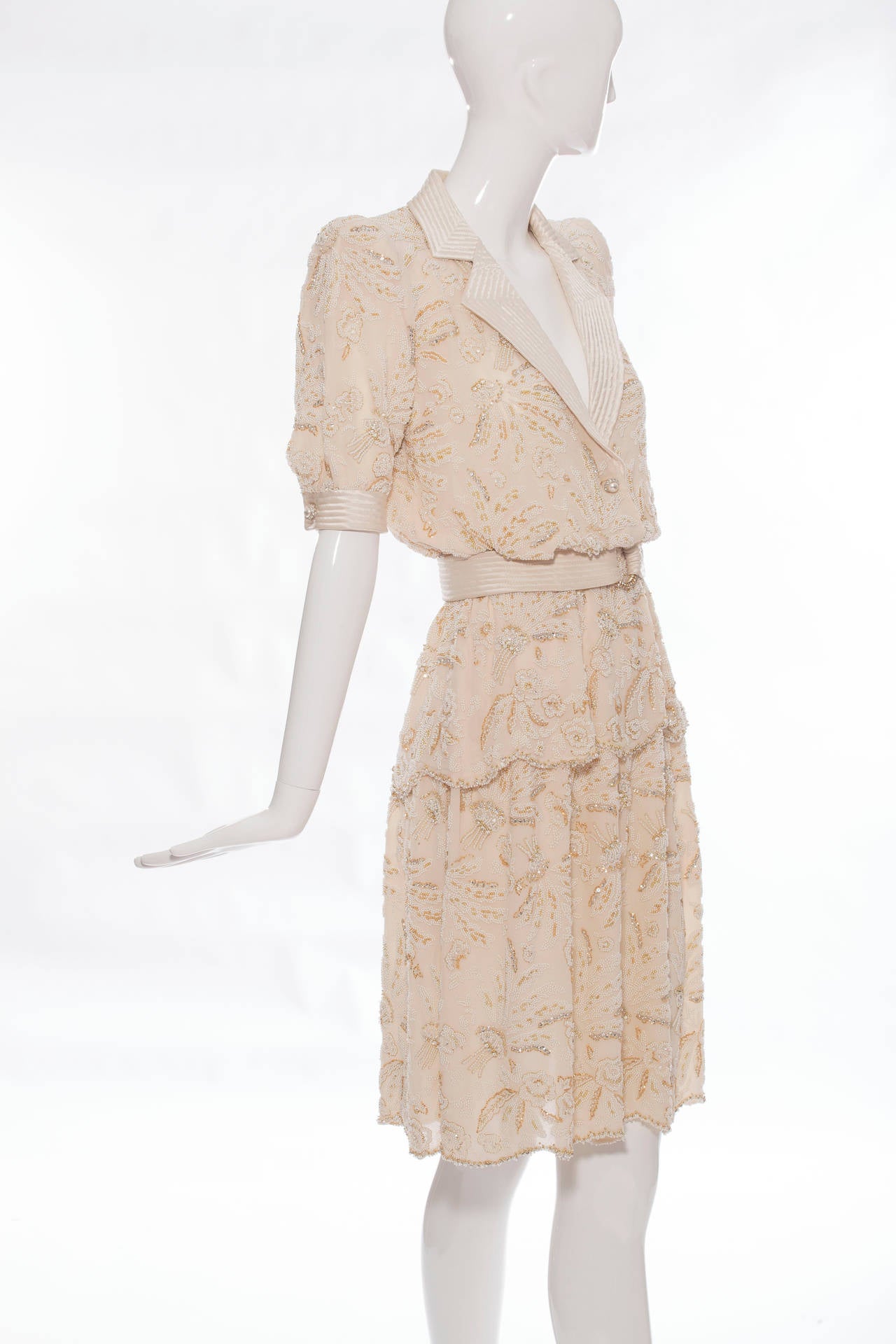 Valentino Haute Couture Cream Silk Chiffon Embroidered Skirt Suit, Circa 1980s In Excellent Condition In Cincinnati, OH