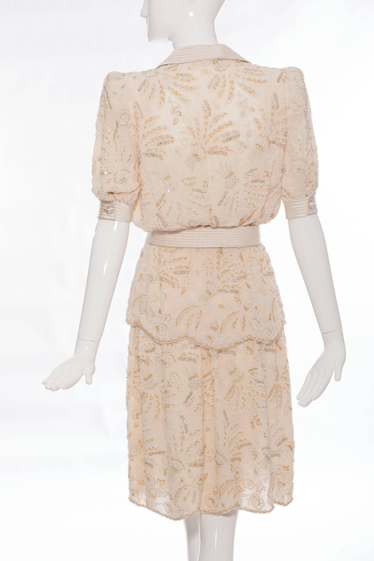 Valentino Haute Couture Cream Silk Chiffon Embroidered Skirt Suit, Circa 1980s (Beige)