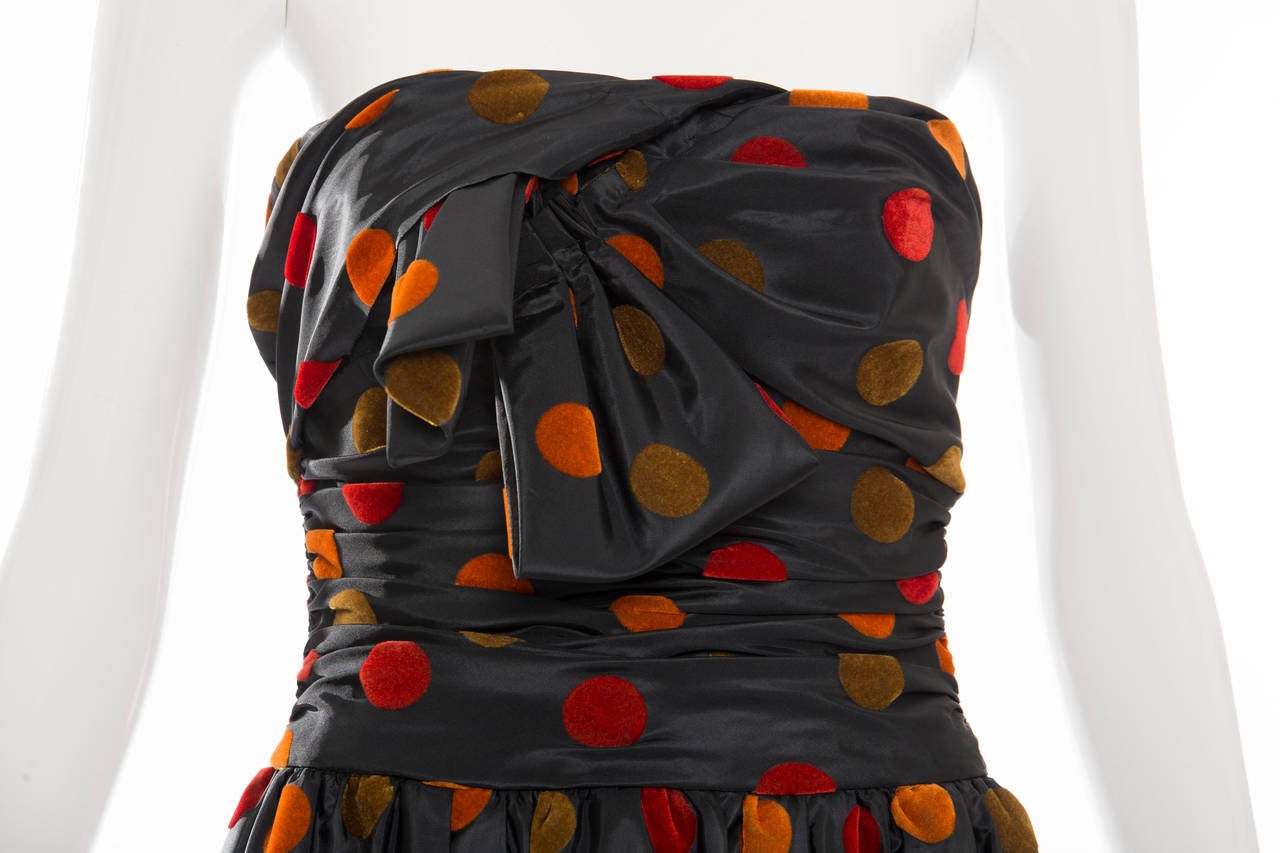 Women's Nina Ricci Strapless Black Taffeta Velvet Polka Dots Evening Dress, Circa 1980s For Sale