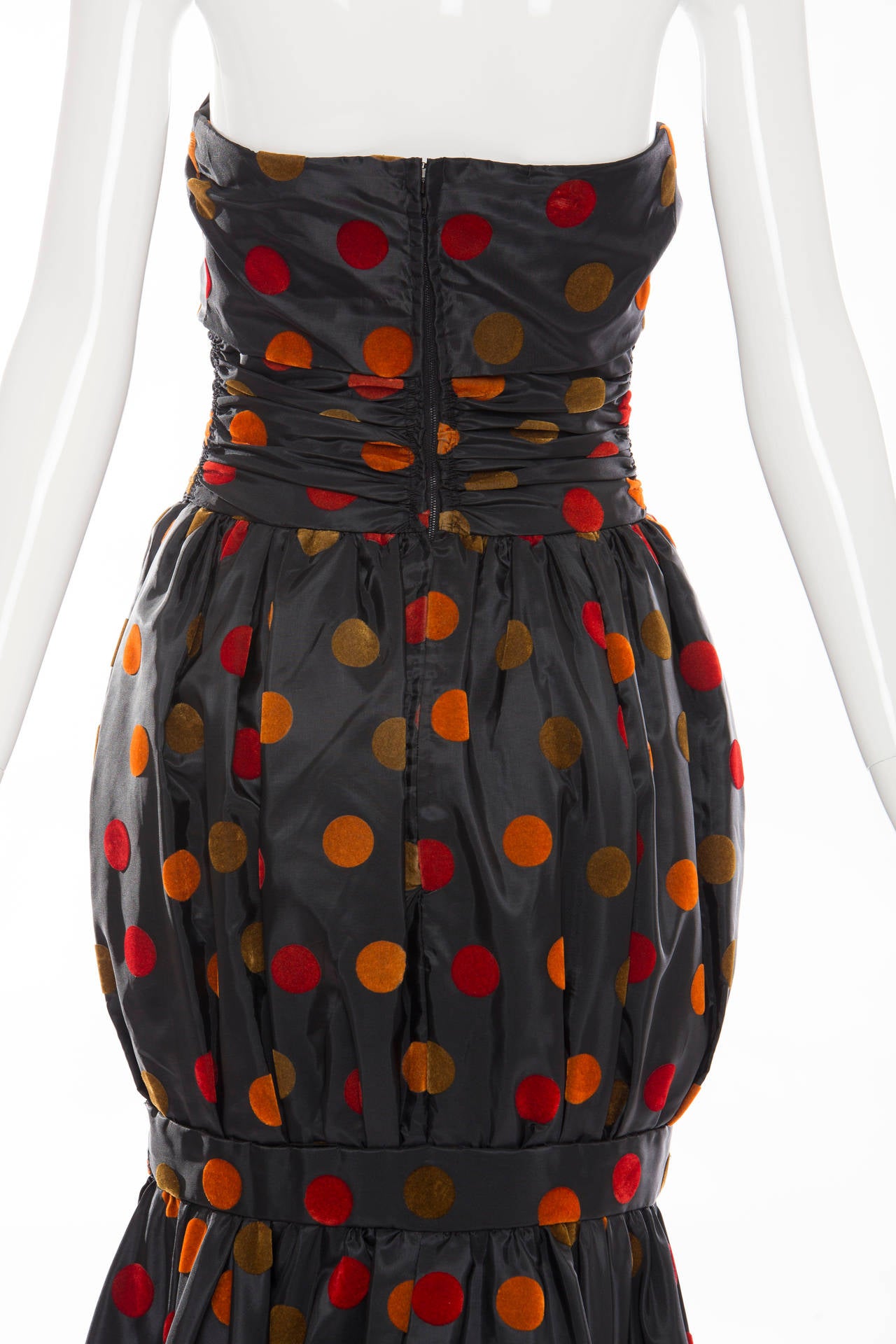 Nina Ricci Strapless Black Taffeta Velvet Polka Dots Evening Dress, Circa 1980s For Sale 1