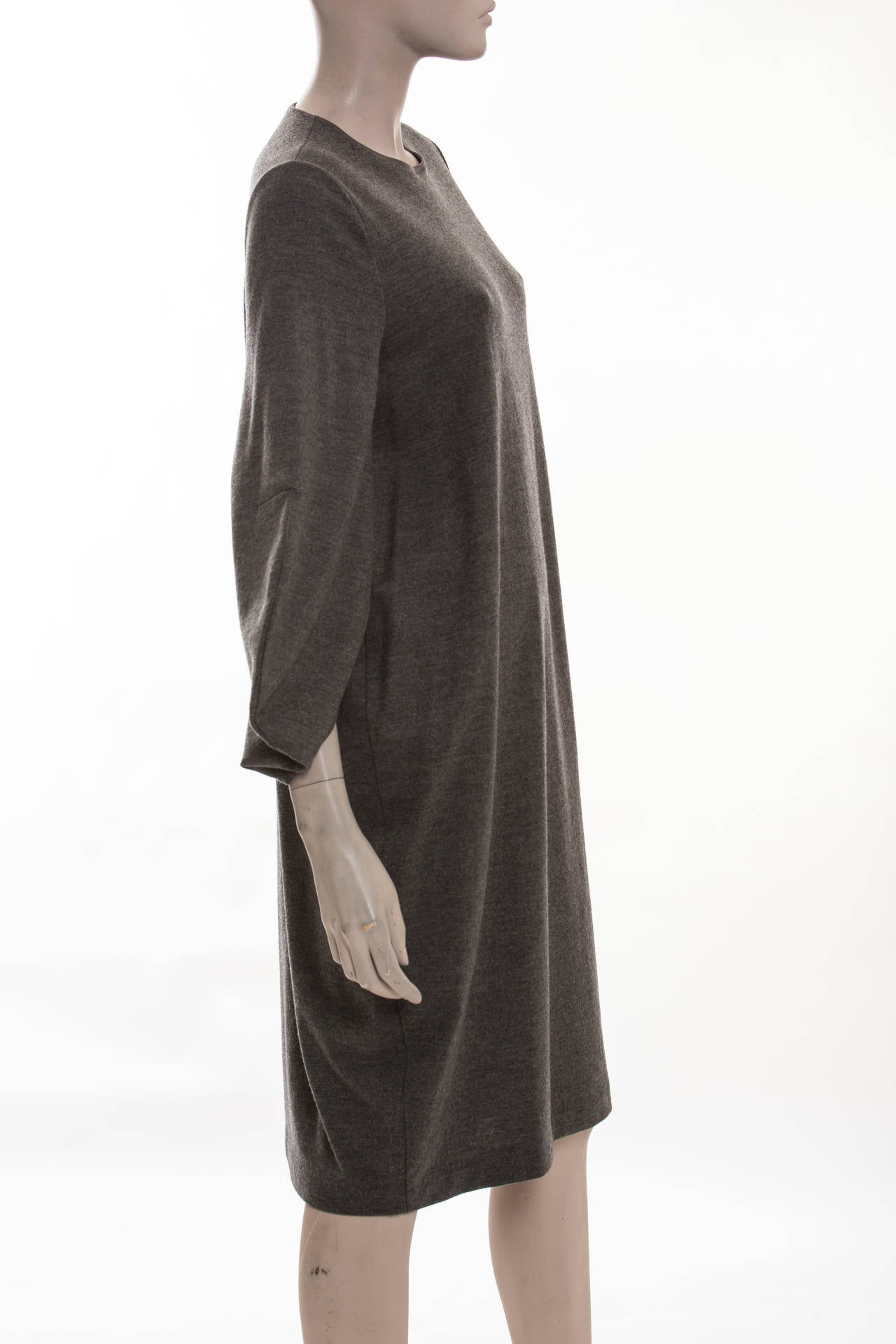 Raf Simons for Jil Sander, charcoal grey wool jersey dress, invisible zip at left shoulder with draped sleeve. 