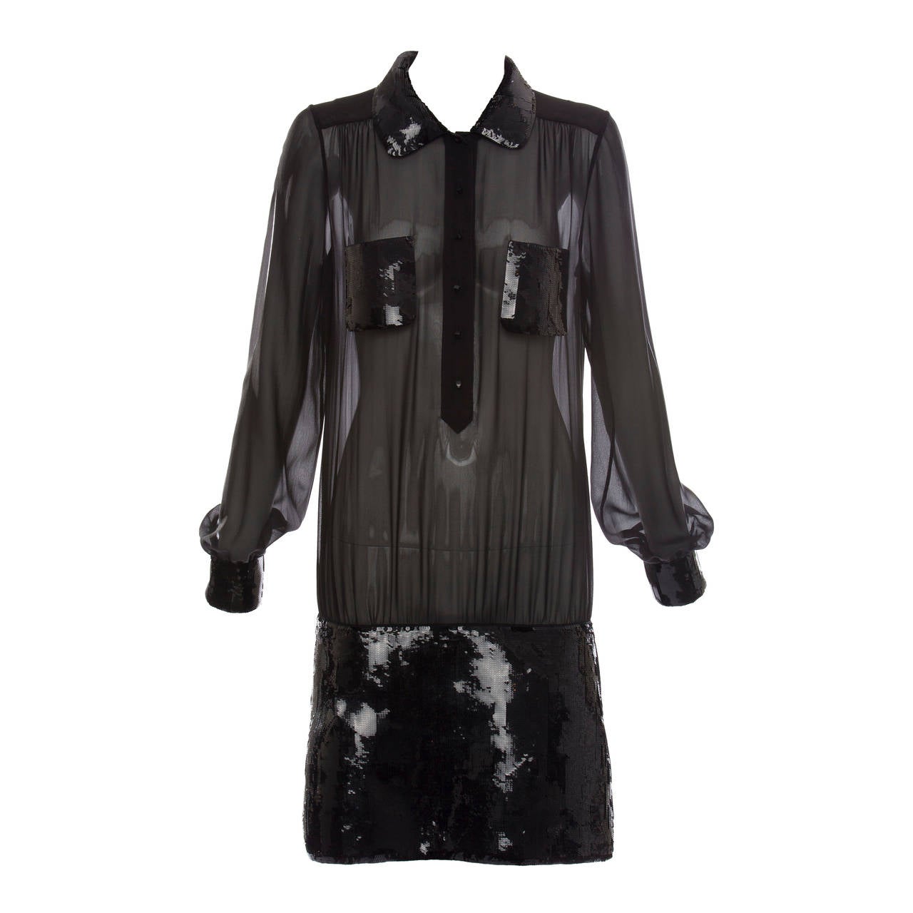 Marc Jacobs for Louis Vuitton Black Silk Chiffon Sequin Trim Evening Dress 