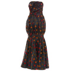 Vintage Nina Ricci Strapless Black Taffeta Velvet Polka Dots Evening Dress, Circa 1980s