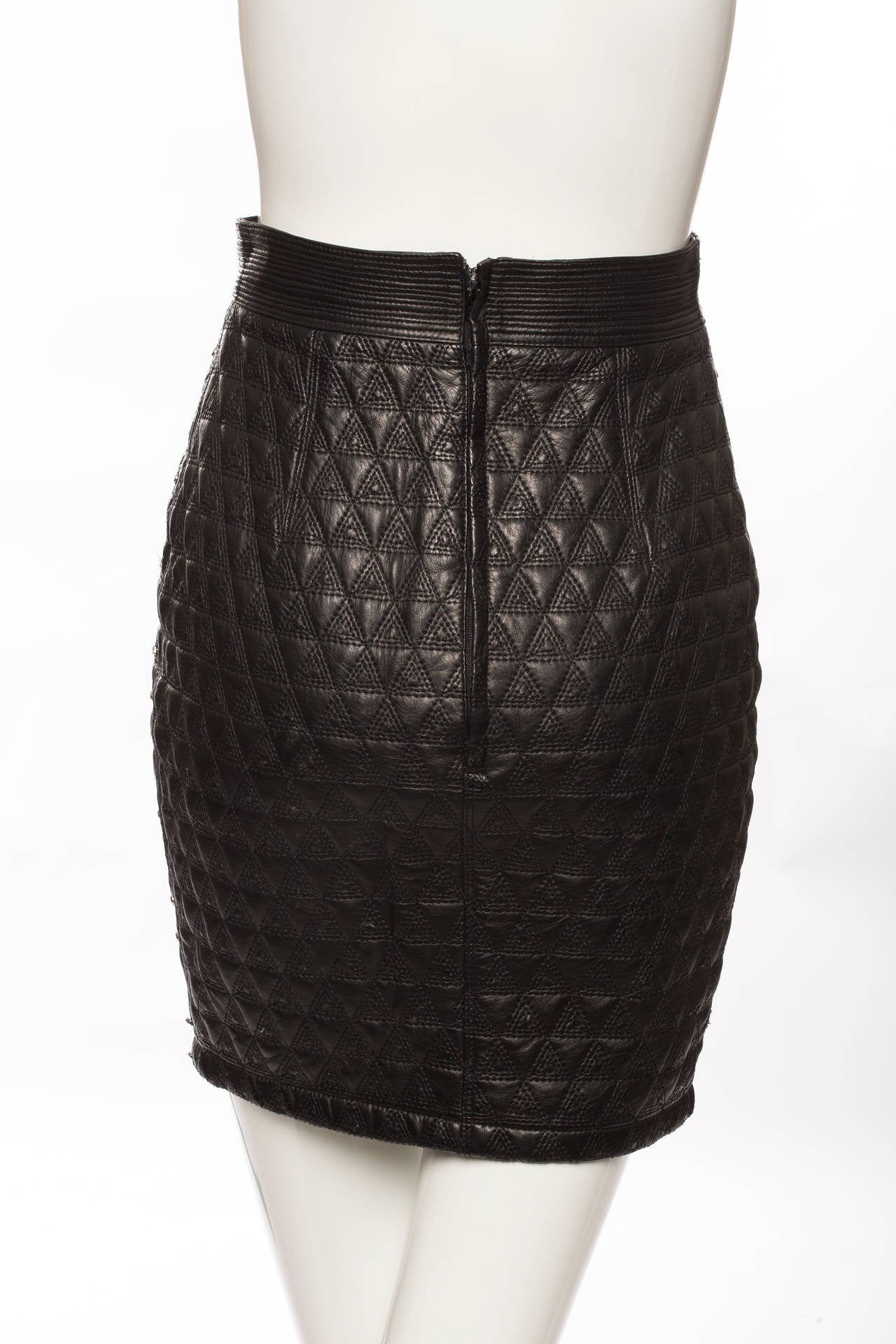 Versace Black Quilted Leather Skirt With Prong Set Crystals, Circa 1990's In Excellent Condition For Sale In Cincinnati, OH