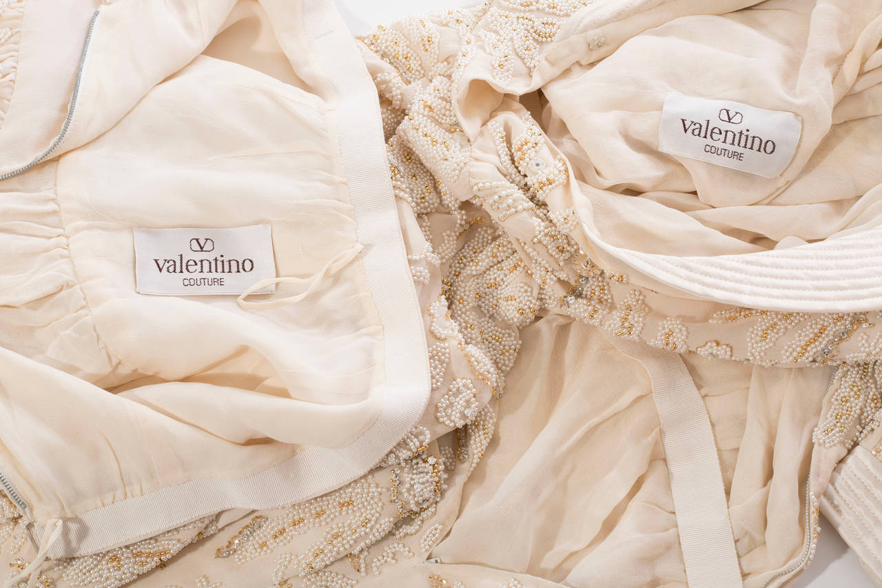 Women's Valentino Haute Couture Cream Silk Chiffon Embroidered Skirt Suit, Circa 1980s
