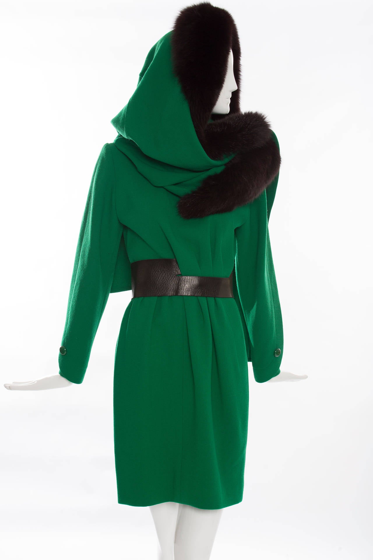 Nina Ricci Haute Couture, circa 1980's dress and shawl/hood with black sable trim, designed by Gérard Pipart. The wool dress has one front pocket, back zip, black leather belt and fully lined in silk.