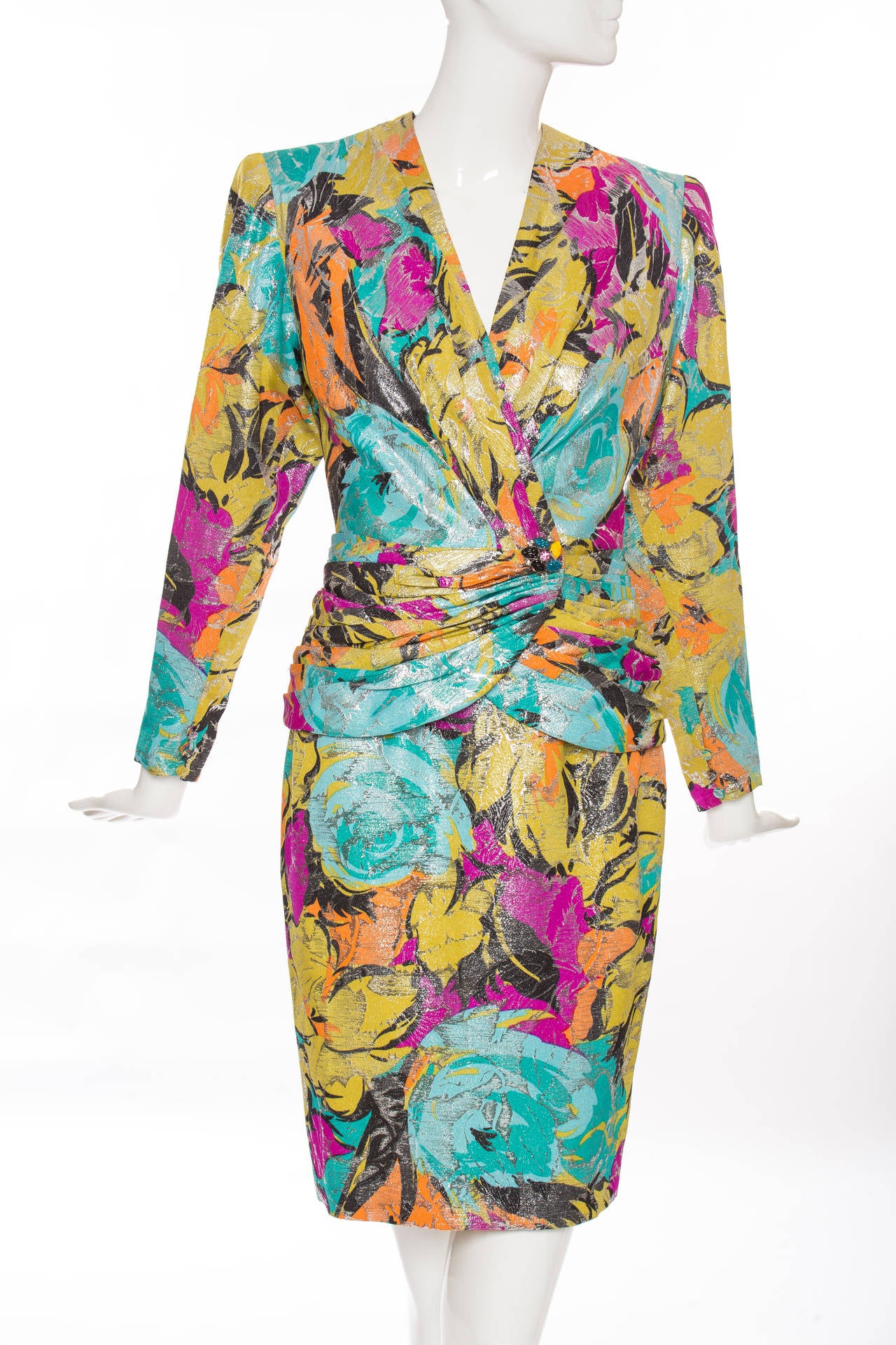 Jean - Louis Scherrer  numbered Haute Couture multi-color lame skirt suit ensemble, snap front, side zip and fully lined in silk.

Jacket: Bust 31