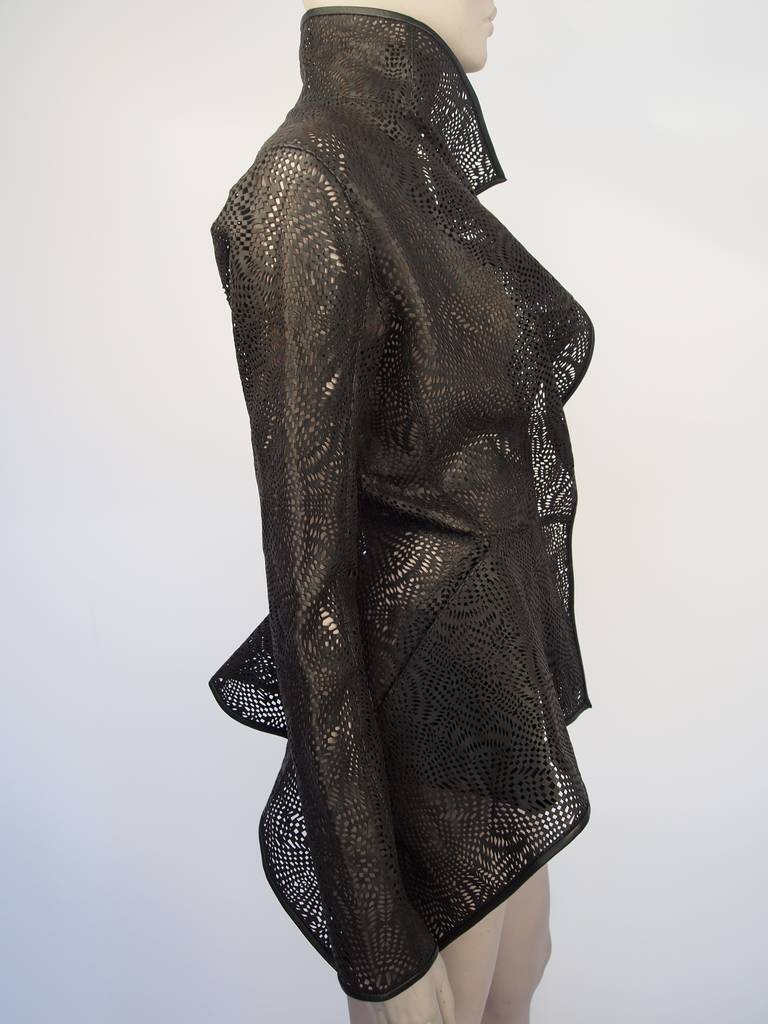 Gareth Pugh, Spring 2013 black laser cut leather jacket with two front pockets.