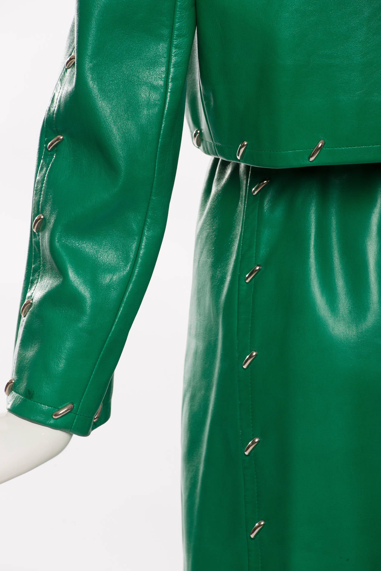 Blue Givenchy Couture Green Leather Studded Skirt Suit, Circa 1980s For Sale