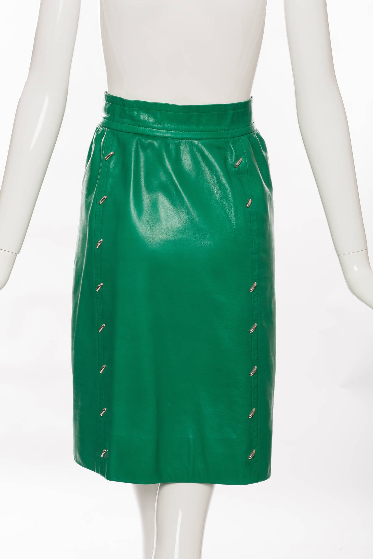 Givenchy Couture Green Leather Studded Skirt Suit, Circa 1980s In Good Condition For Sale In Cincinnati, OH