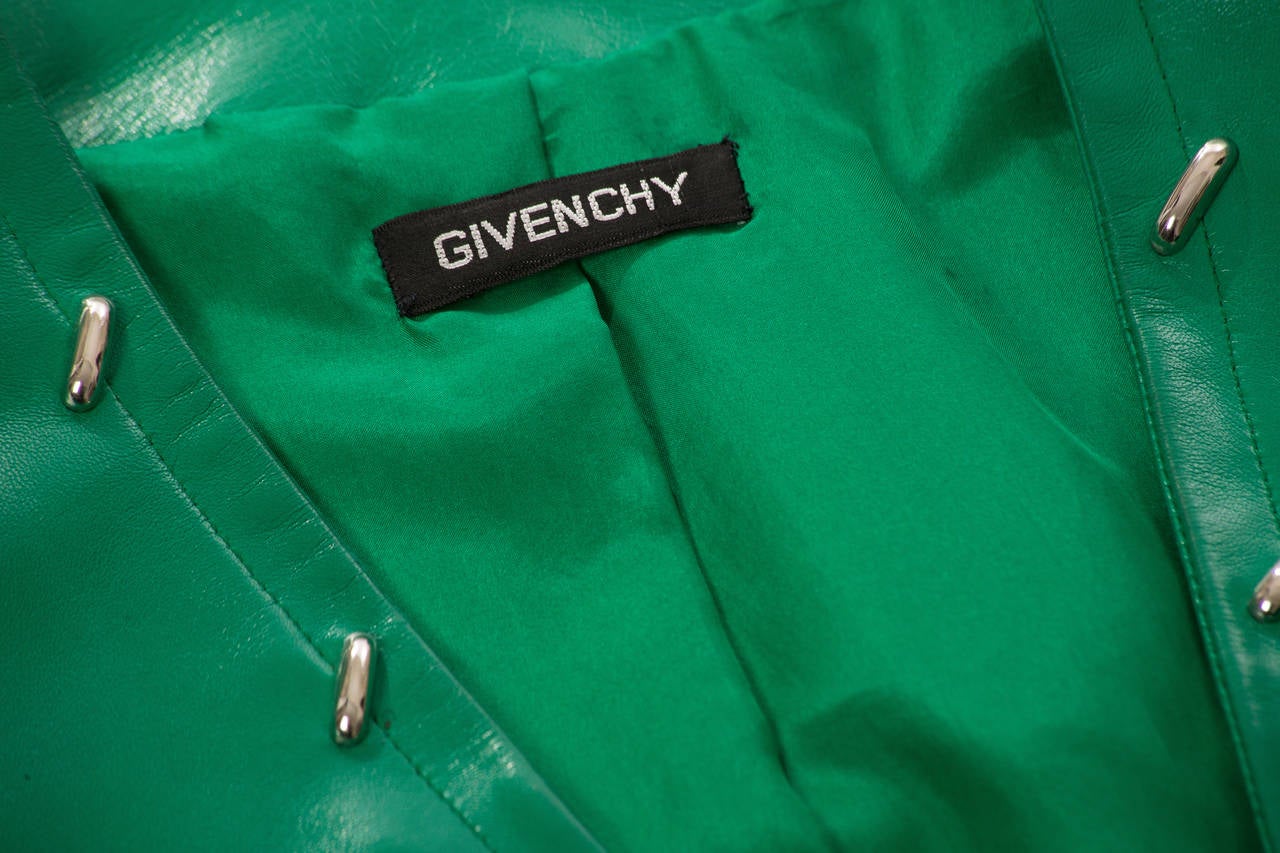 Givenchy Couture Green Leather Studded Skirt Suit, Circa 1980s For Sale 1