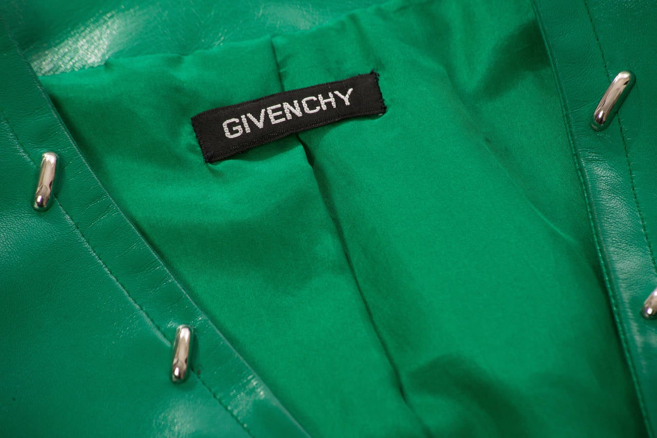 Givenchy Couture Green Leather Studded Skirt Suit, Circa 1980s For Sale 1