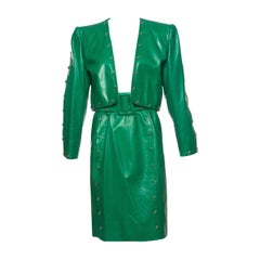 Vintage Givenchy Couture Green Leather Studded Skirt Suit, Circa 1980s