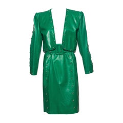 Givenchy Couture Green Leather Studded Skirt Suit, Circa 1980s