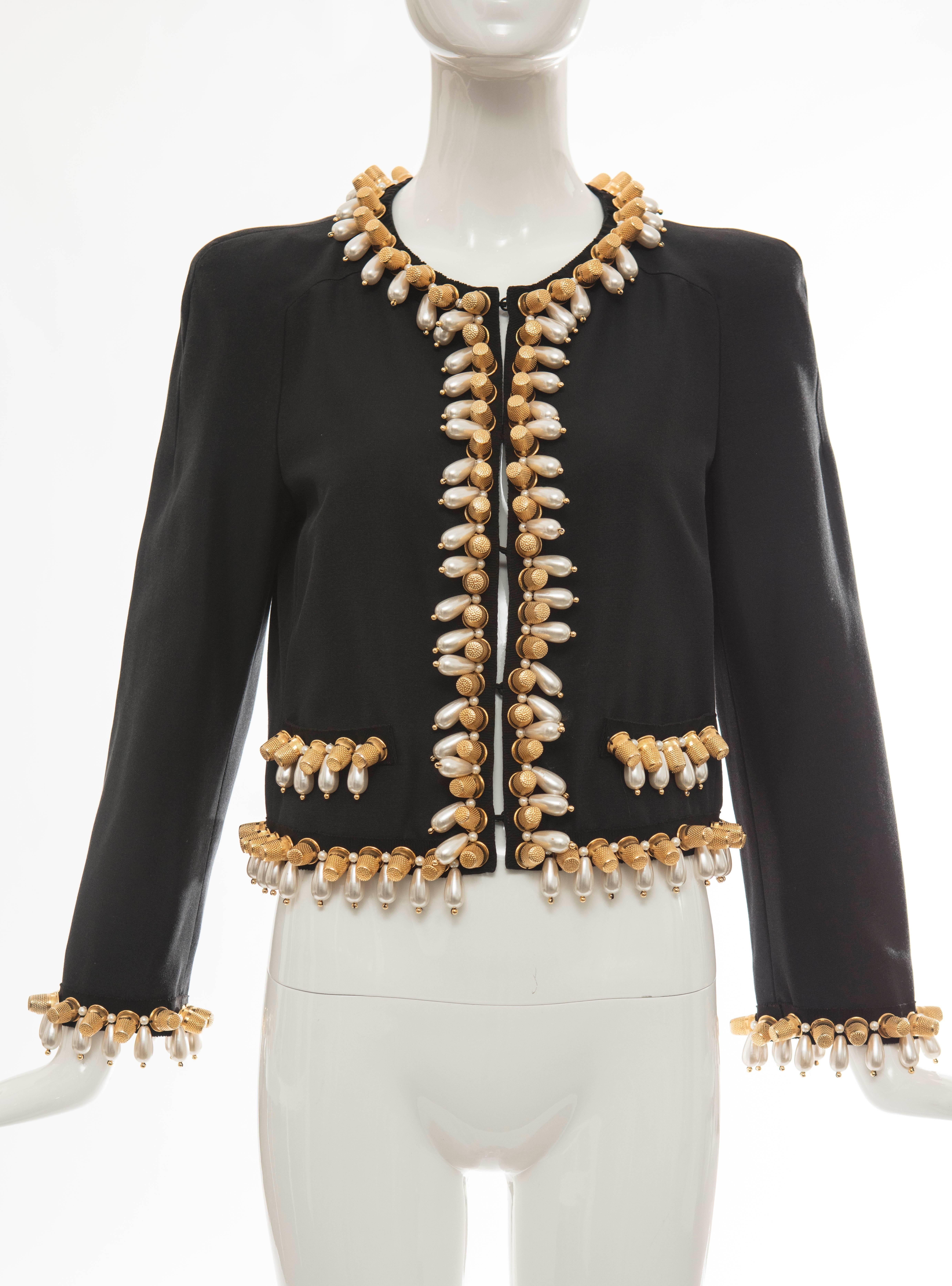 Jeremy Scott for Moschino black jacket with trim featuring gold-tone thimble and pearl adornments, hook closures at front and fully lined.

Measurements: Bust 37”, Waist 34”, Shoulder 15”, Length 18”

Fabric Content: 74% Cotton, 36% Silk; Lining