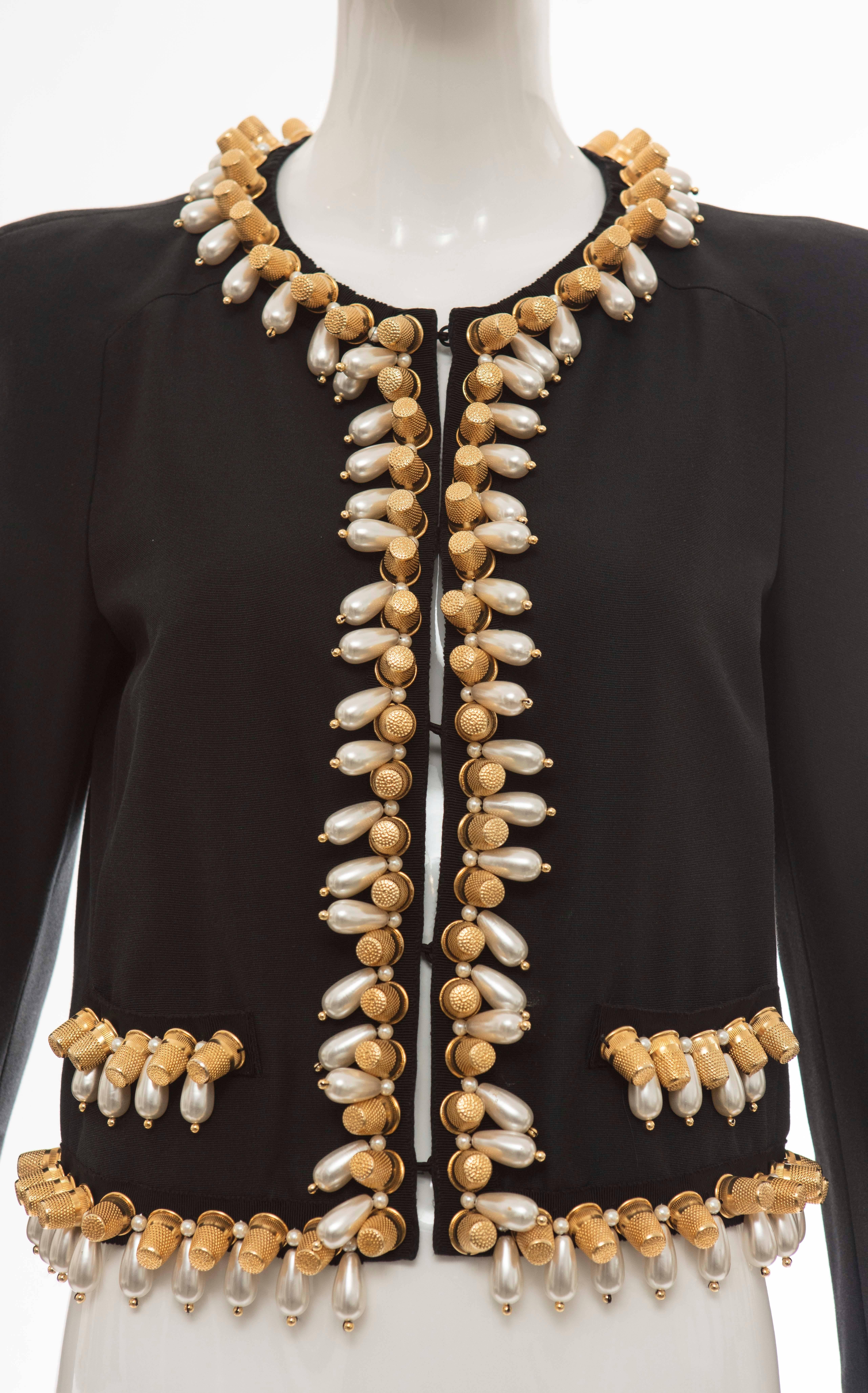 Jeremy Scott for Moschino Black Cotton Silk Jacket With Thimble Pearl Adornments In Excellent Condition For Sale In Cincinnati, OH