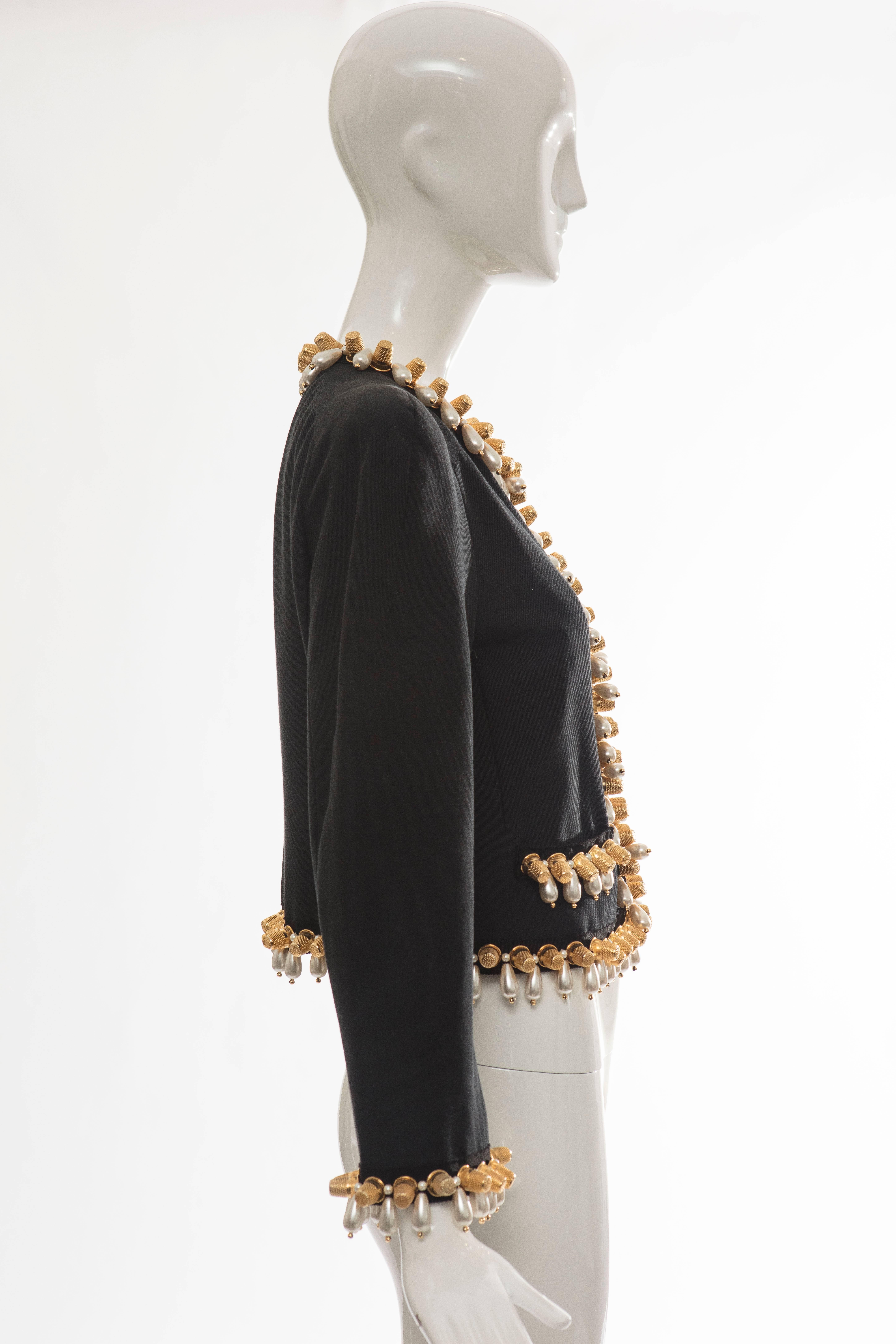 Jeremy Scott for Moschino Black Cotton Silk Jacket With Thimble Pearl Adornments For Sale 1